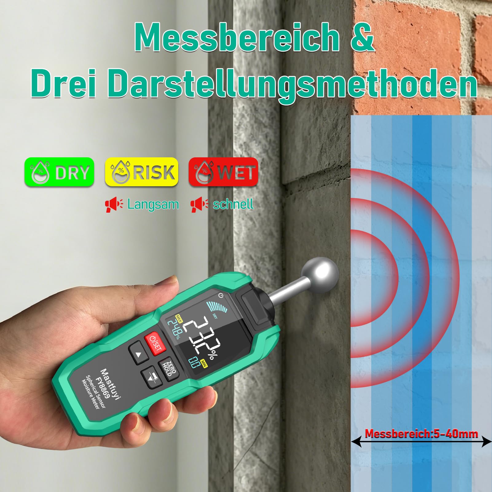 Misuratore di Umidità Non Distruttivo,Misuratore di umidità senza contatto per su Legno,Pareti,Cantiere,Allarmi,Rivelatore Umidità 20-40 mm