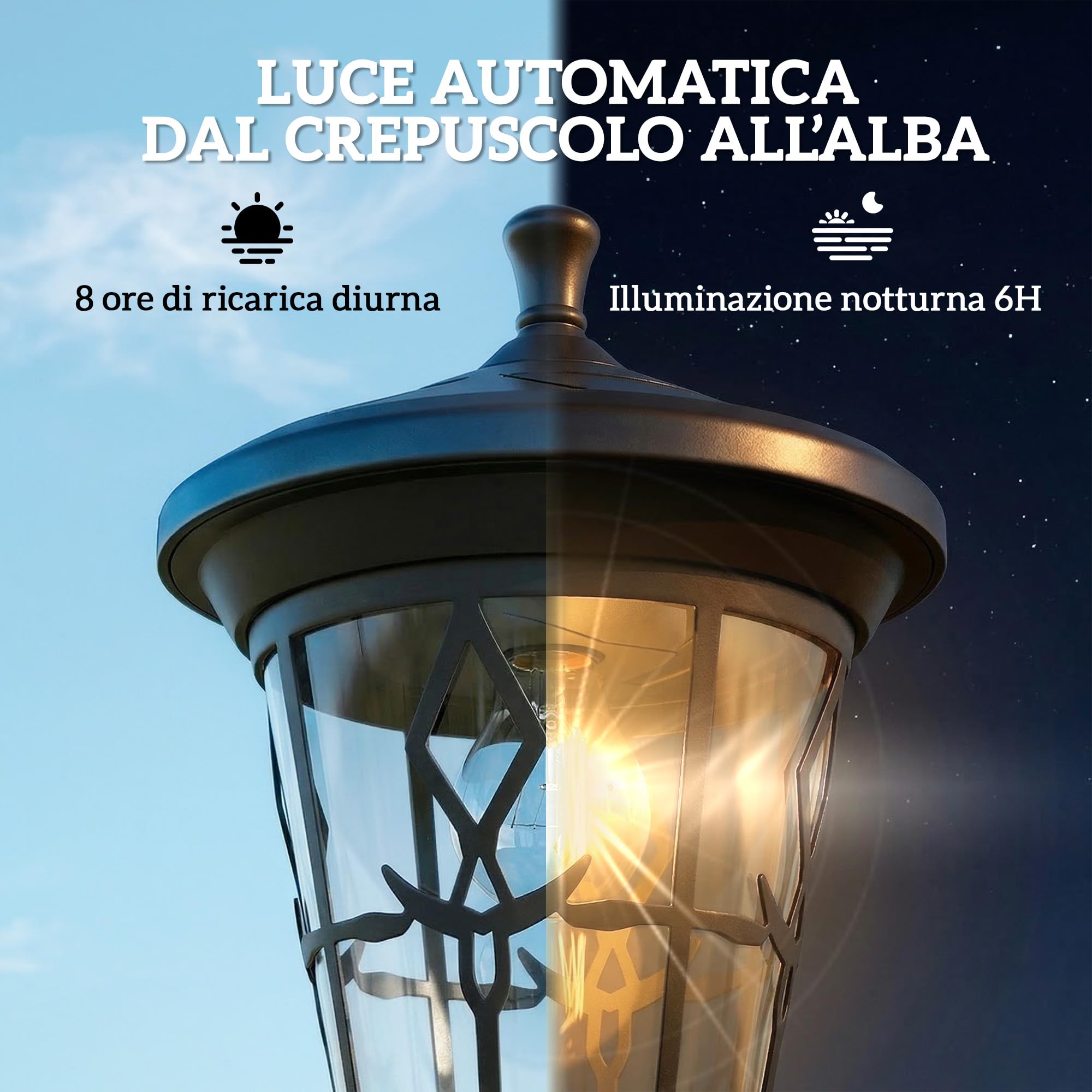 Outsunny Set di 2 Lampioni da Giardino Solari 1.86 m, Lampade da Giardino da Terra in Acciaio Inox con Altezza Regolabile, 2 Modalità Luminosità, IP44 Impermeabile per Esterno Patio Cortile Vialetto