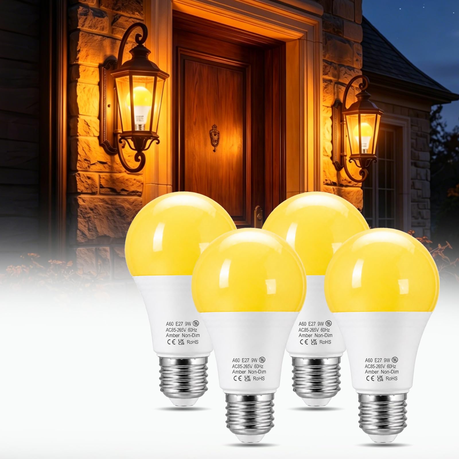 Bonlux E27 Yellow Amber Light Bulbs 9W (60W Equivalent) 2200K Warm Glow, A19 ES Screw in Bulb Blue Light Blocking for Sleep Bedroom Nursery Porch Patio Backyard Deck, Non-Dimmable, 4 Pack