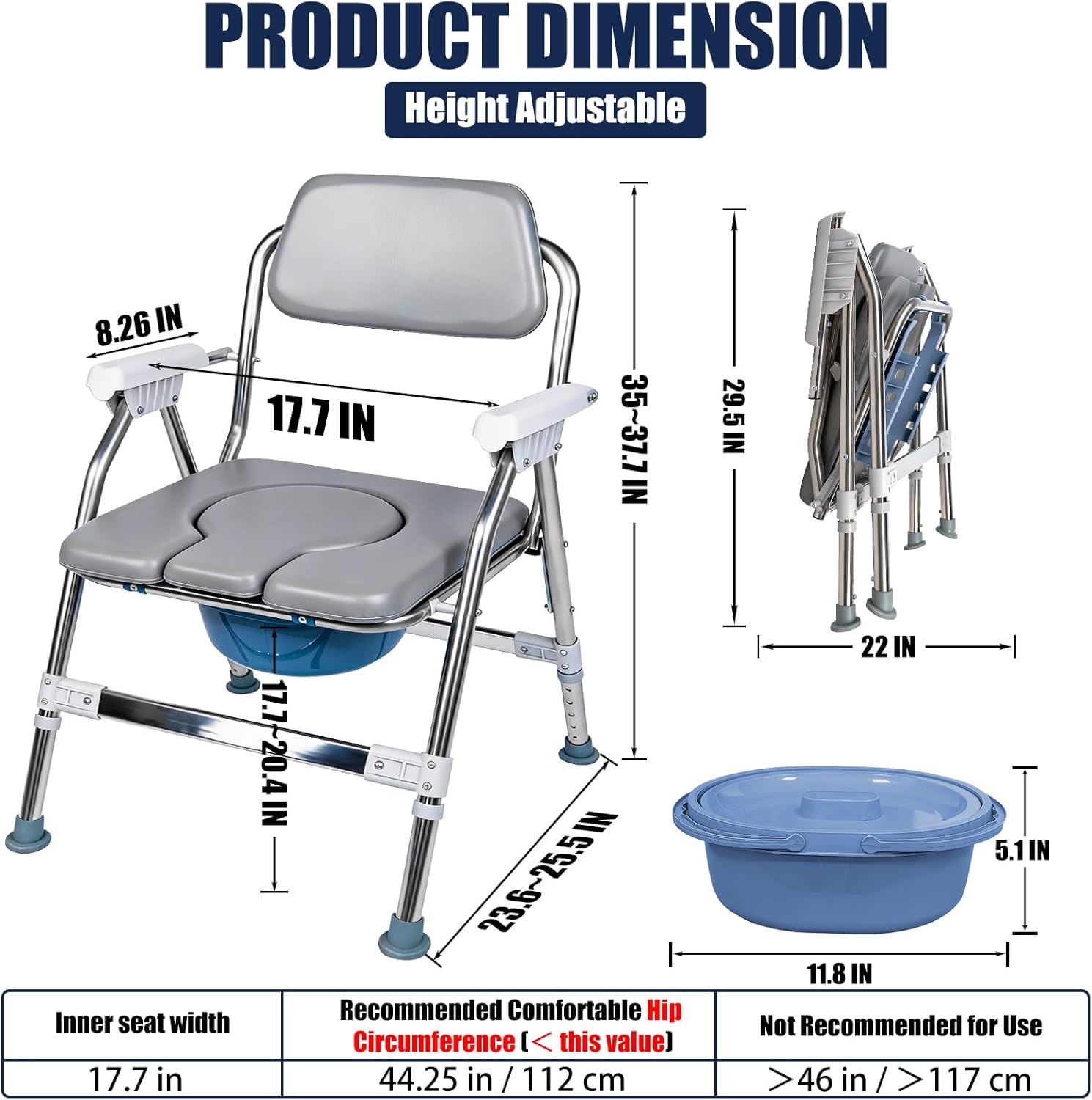 Bedside Commode for Seniors- Adjustable Height Adults Potty Chair with Arms, Elderly with Arms and Back Commode Chair, Pregnant Women & Post-Surgery - Supports 360 lbs (PU Soft Seat)