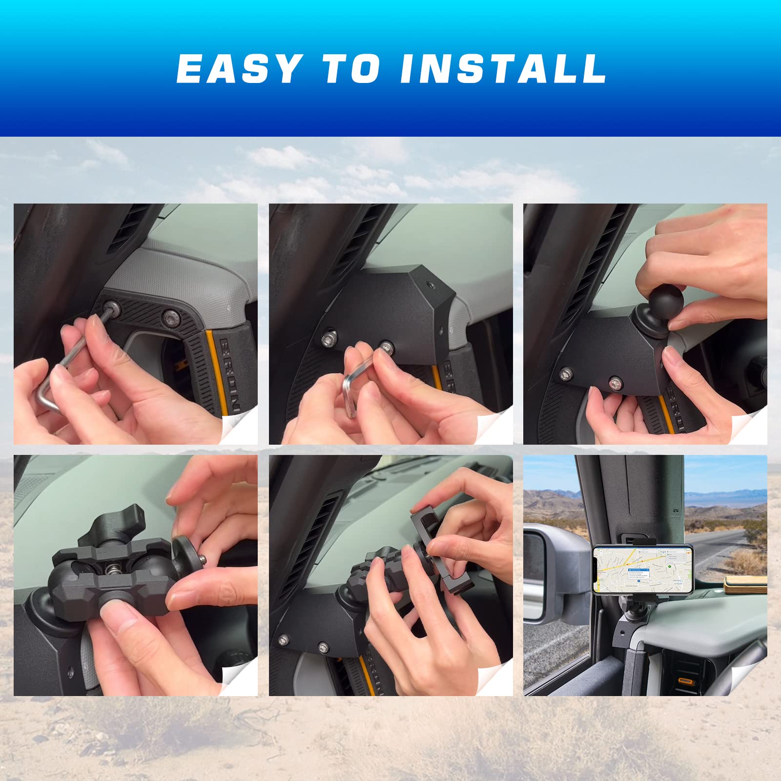 Soporte de teléfono lateral izquierdo para salpicadero, estabilizador antivibración, soporte ajustable personalizado para teléfono celular para Ford Bronco Accesorios 2021 2022 2023