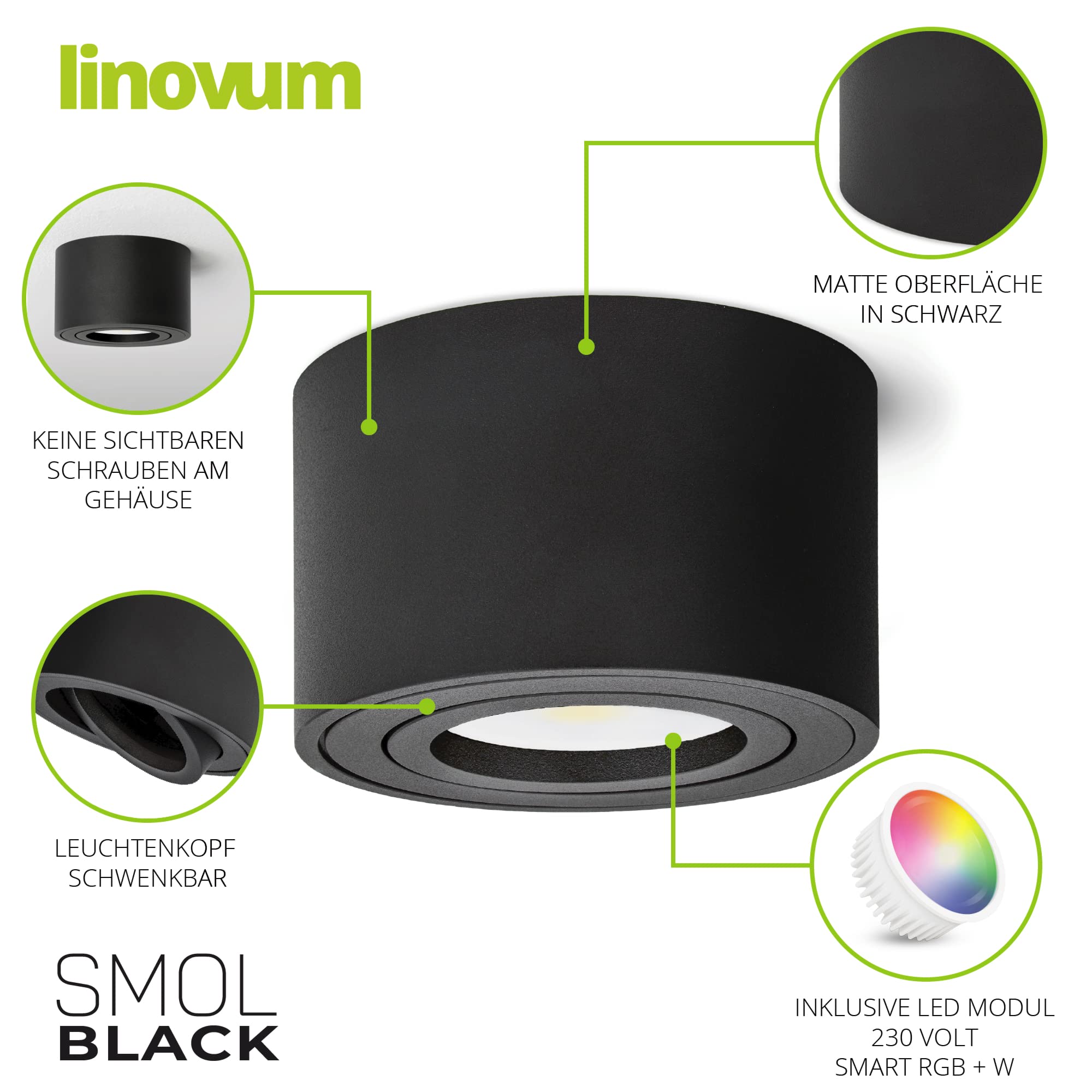linovum 4er Set SMOL Aufputz Deckenlampe schwenkbar kompatibel mit Alexa & Google - Deckenlicht schwarz mit Smart RGB LED 230V