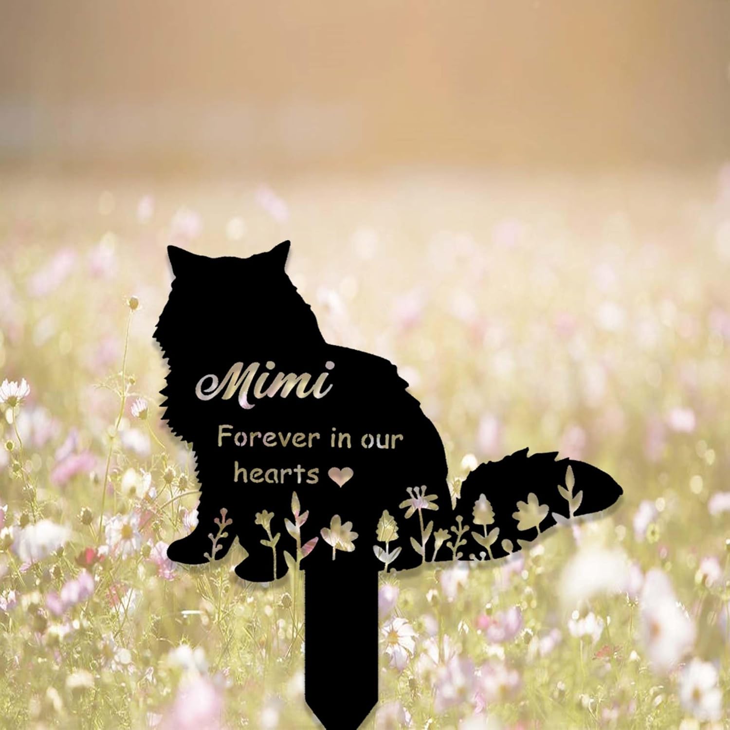 Custom Fluffy Cat Memorial Stake Sign - Metal Grave Marker with Personalized Cat Name - Remembrance Yard Stake for Loss of Pet in Heaven