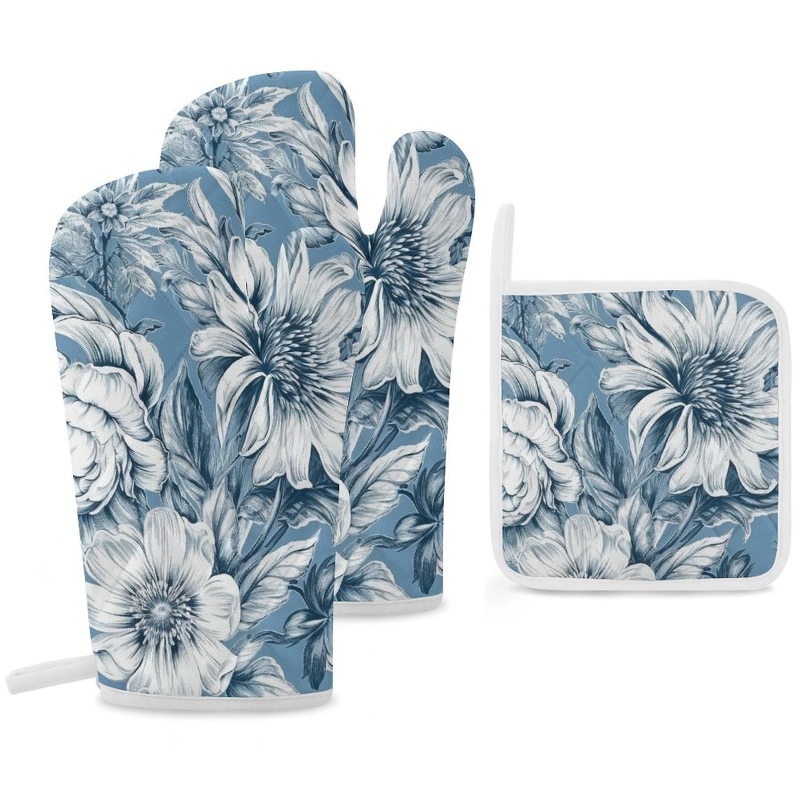 Gants de cuisine et maniques floral bleu ensemble textile résistant pour four
