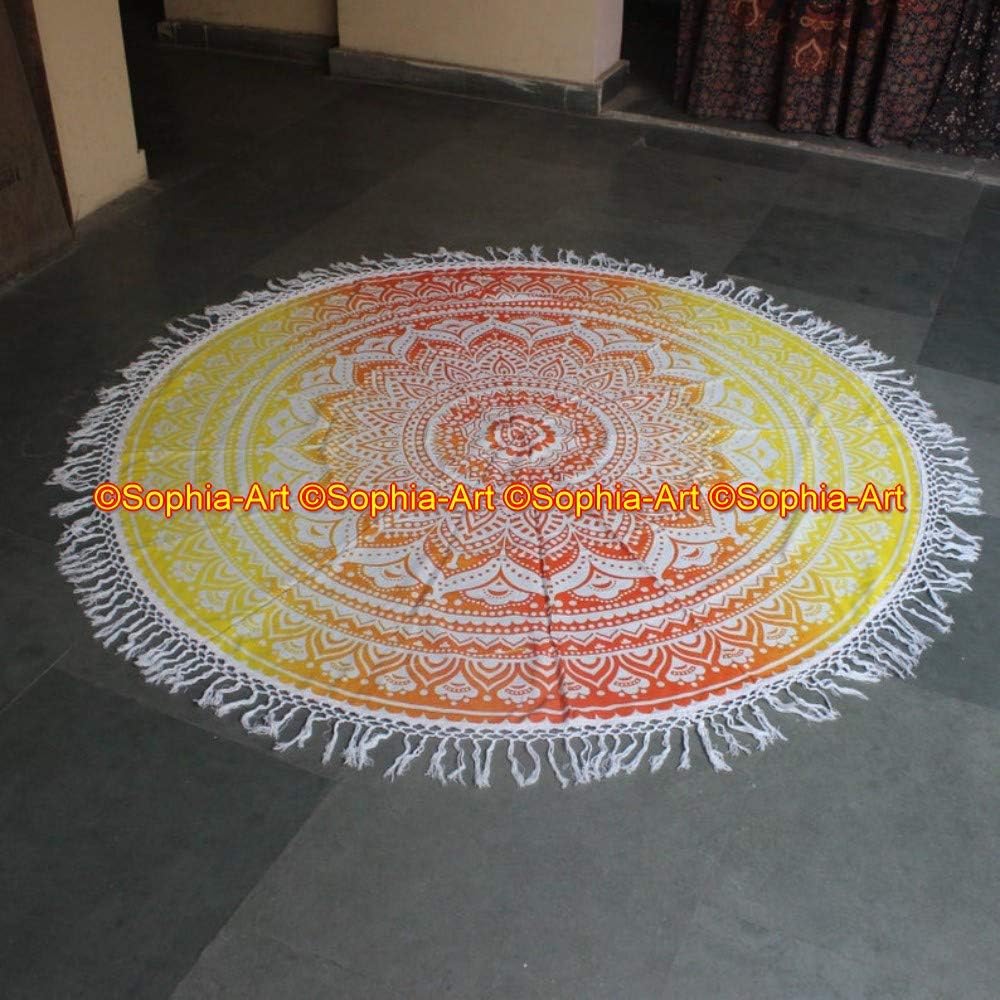 Sophia-Art Hippy Boho Gypsy Cotton Table Yoga Picnic Garden Throw Sheet Indian Mandala Roundie Round Beach Throw Tapestry Cloth Beach Towel Round Yoga Mat 70 Inch. (Golden, 72 Inches)