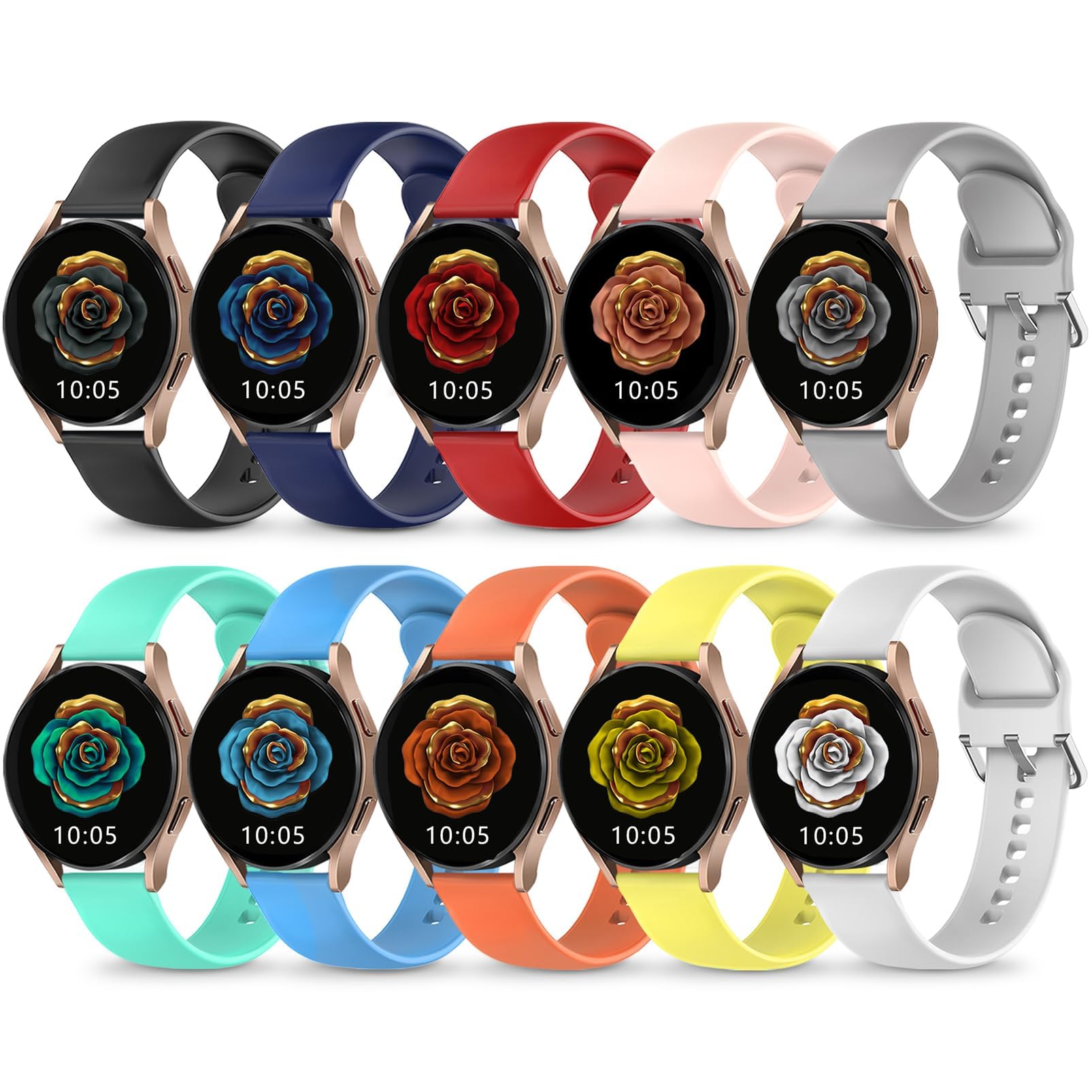 HSWAI 10 Pack Compatible with Samsung Galaxy Active 2 Watch Bands, Galaxy Watch 7/6/5/4/FE Band 40mm 44mm, Galaxy Watch 5 Pro 45mm, 20mm Soft Silicone Sport Strap for Women Men