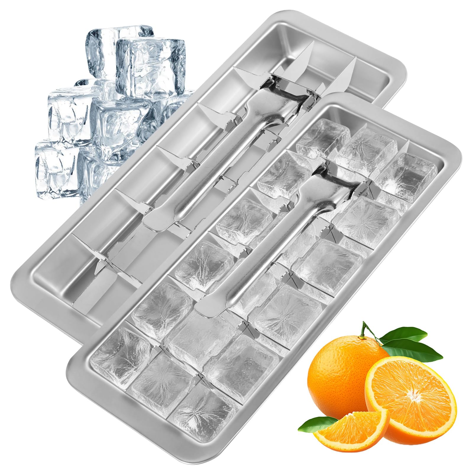 Lot de 2 bacs à glaçons en acier inoxydable, 18 emplacements amovibles en métal avec poignée de démoulage facile, moules à glaçons carrés amovibles pour la fabrication de divers glaçons et aliments