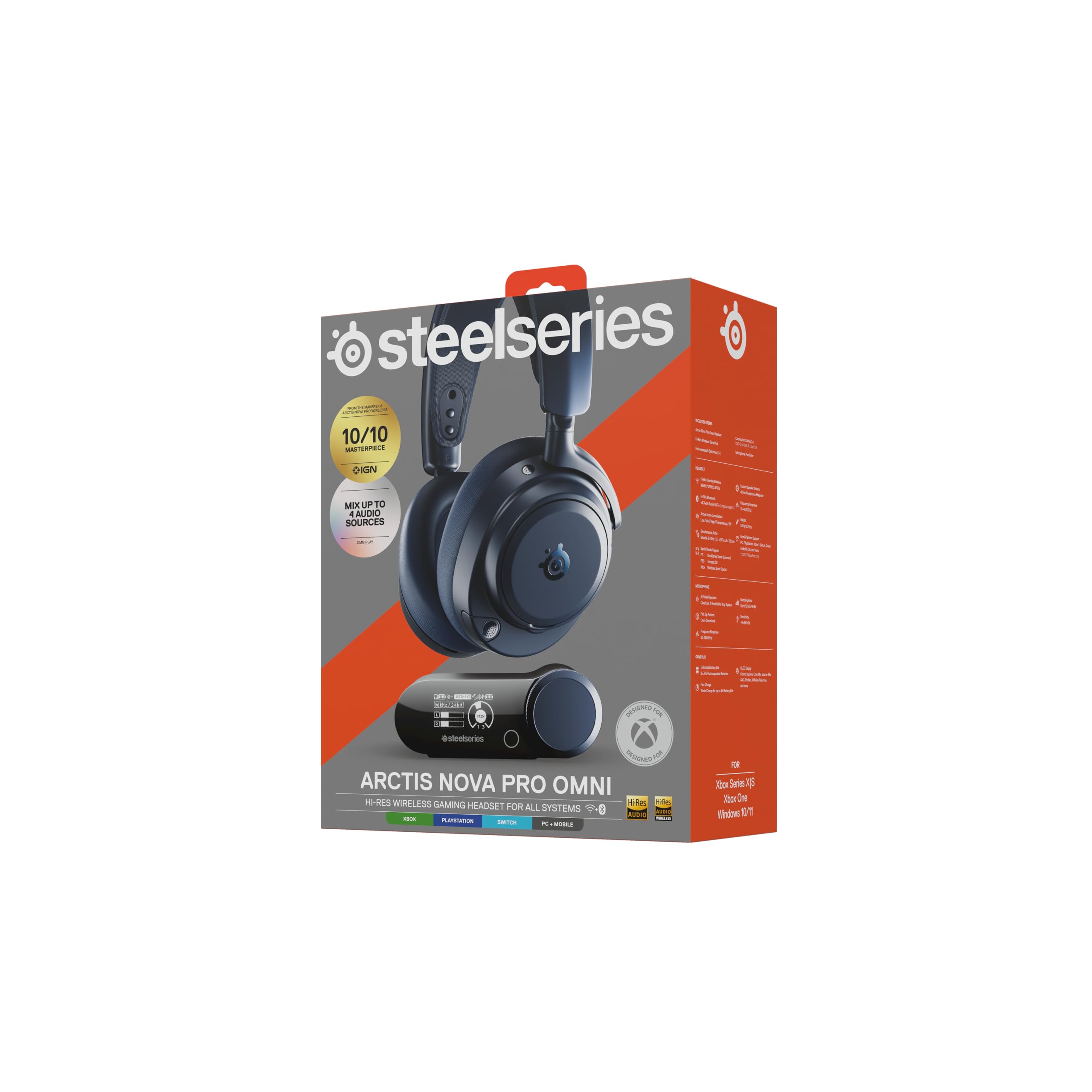 SteelSeries Arctis Nova Pro Omni – Bezprzewodowy dźwięk Hi‑Res, 96kHz/24bit, ANC, mikrofon ClearCast Pro, redukcja szumów AI, aplikacja mobilna, Mix 2,4GHz + BT, OmniPlay PC+PS5+Xbox – Midnight Blue