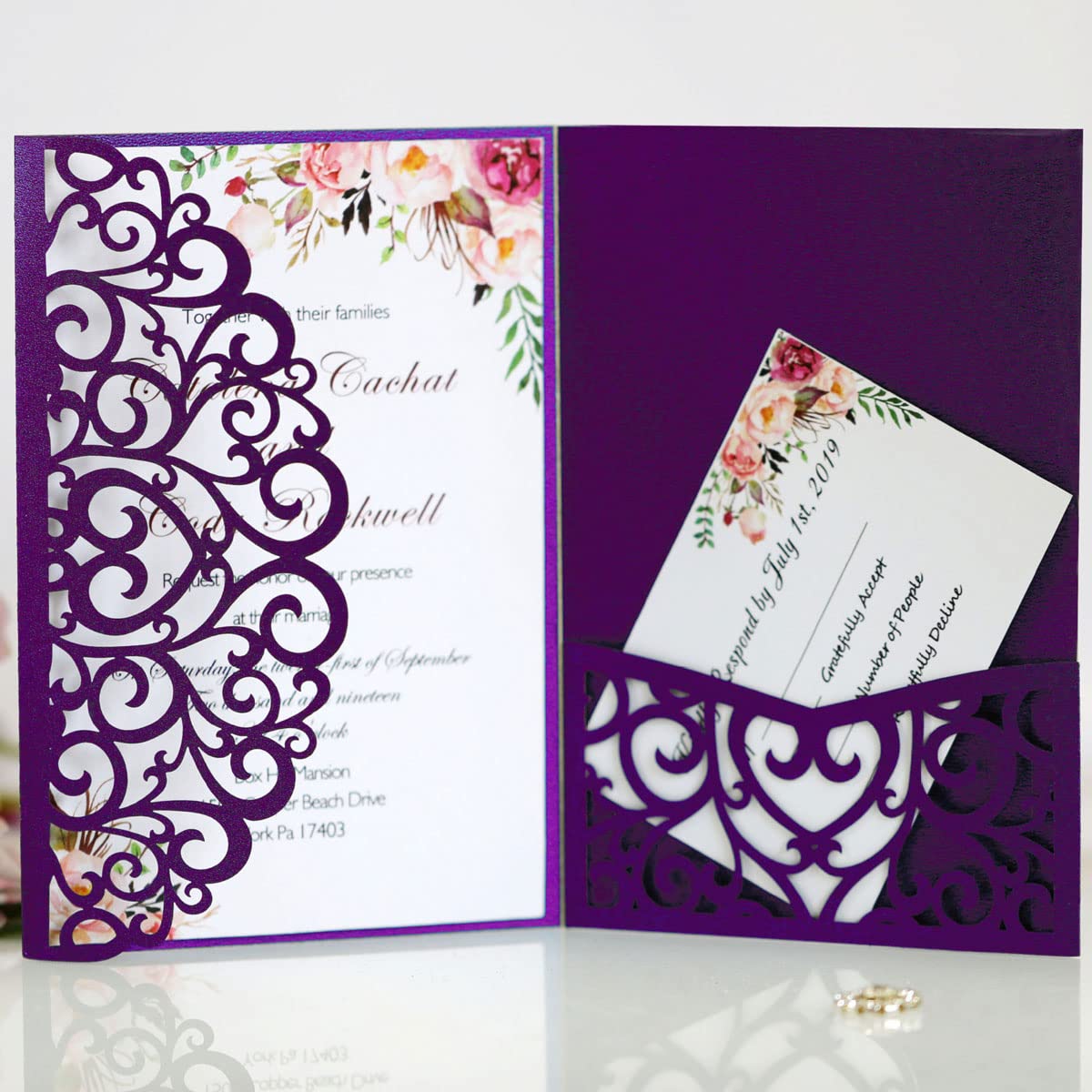 UMIMO 4.9 x 7.1 inch Laser Cut Invitation Pocket, 50PCS Tri-Fold Laser Cut Wedding Invitation Pockets with Envelopes for Wedding Bbay Shower Birthday Sweet