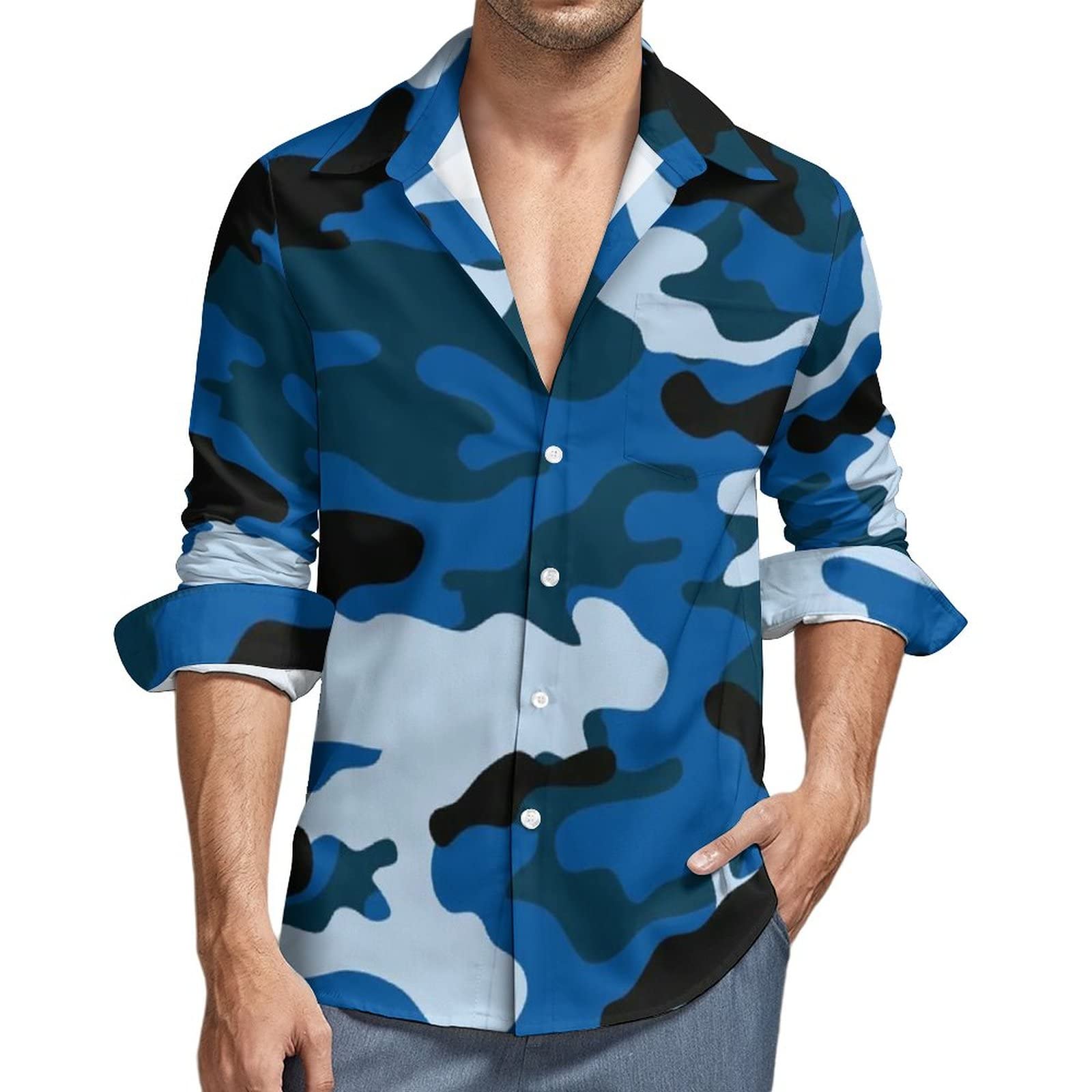 Amazon.co.jp: シャツ メンズ 迷彩柄 ブルーカモフラージュ 長袖 T