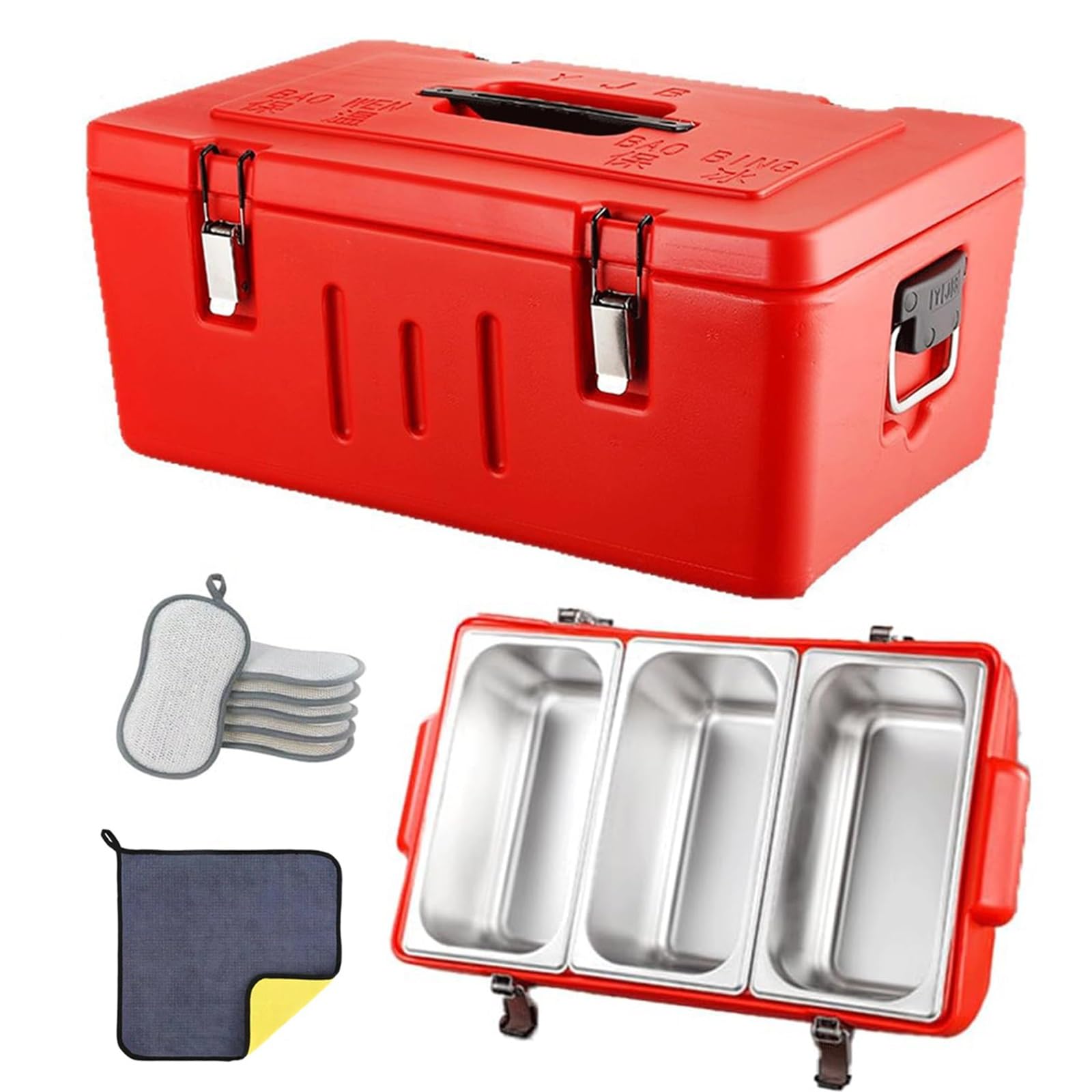Caja de alimentos resistente aislada con sartenes de acero inoxidable, transporte de alimentos fríos y calientes, 4 hebillas y 2 asas para catering, camping