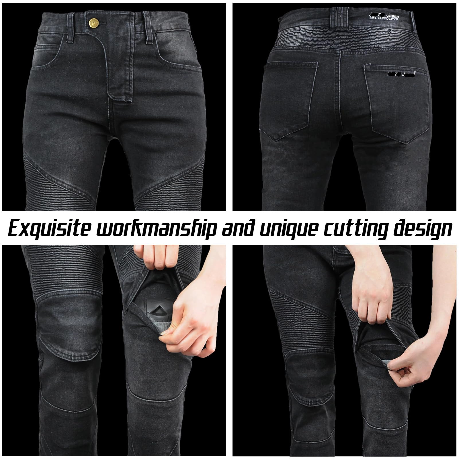 Jeans da donna, slim fit, da moto, con protezioni per ginocchia e fianchi, elasticizzati, slim fit, in denim, da motociclista