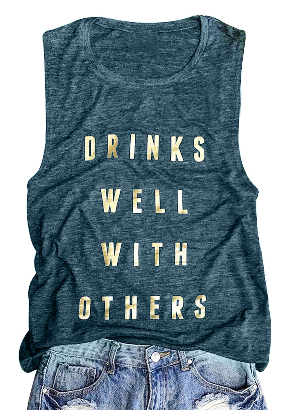 Drinks Well with Others Tank Tops for Women Drinking Shirts Summer Alcohol Muscle Letter Printed Graphic Sleeveless Tee Tops