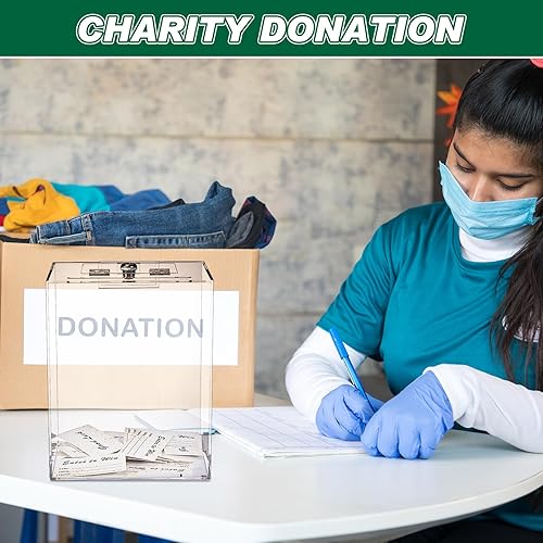 Miniatura 4 de Teling Caja de rifa de donación transparente de acrílico alto con cerradura y 100 boletos de rifa, tarjetas, caja de donación con ranura y soporte
