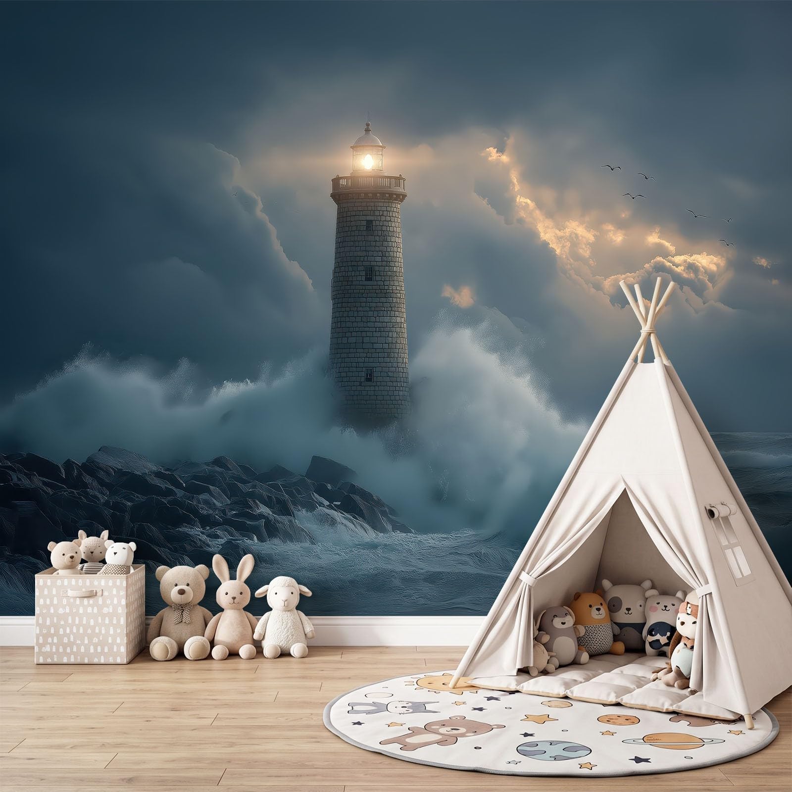 250 x 175 cm, fototapeta z włókniny, na wymiar, fotografia, krajobraz, latarnia morska, niebiesko-szara, fotorealistyczny, druk HD, tapeta na flizelinie, tapeta z motywem, dekoracja ścienna, dekoracja