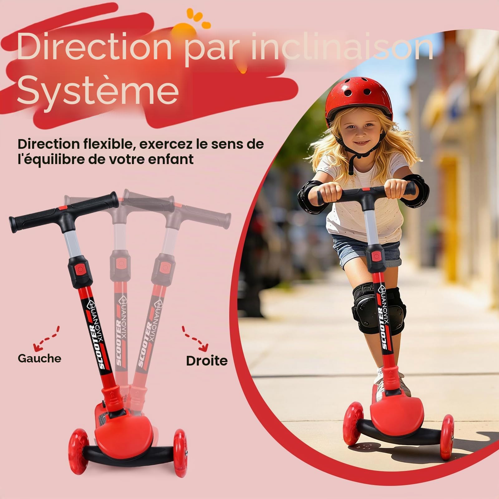 Trottinette pliable pour enfant avec clignotants, hauteur réglable, large plateau et frein, pour garçons et filles à partir de 3 ans