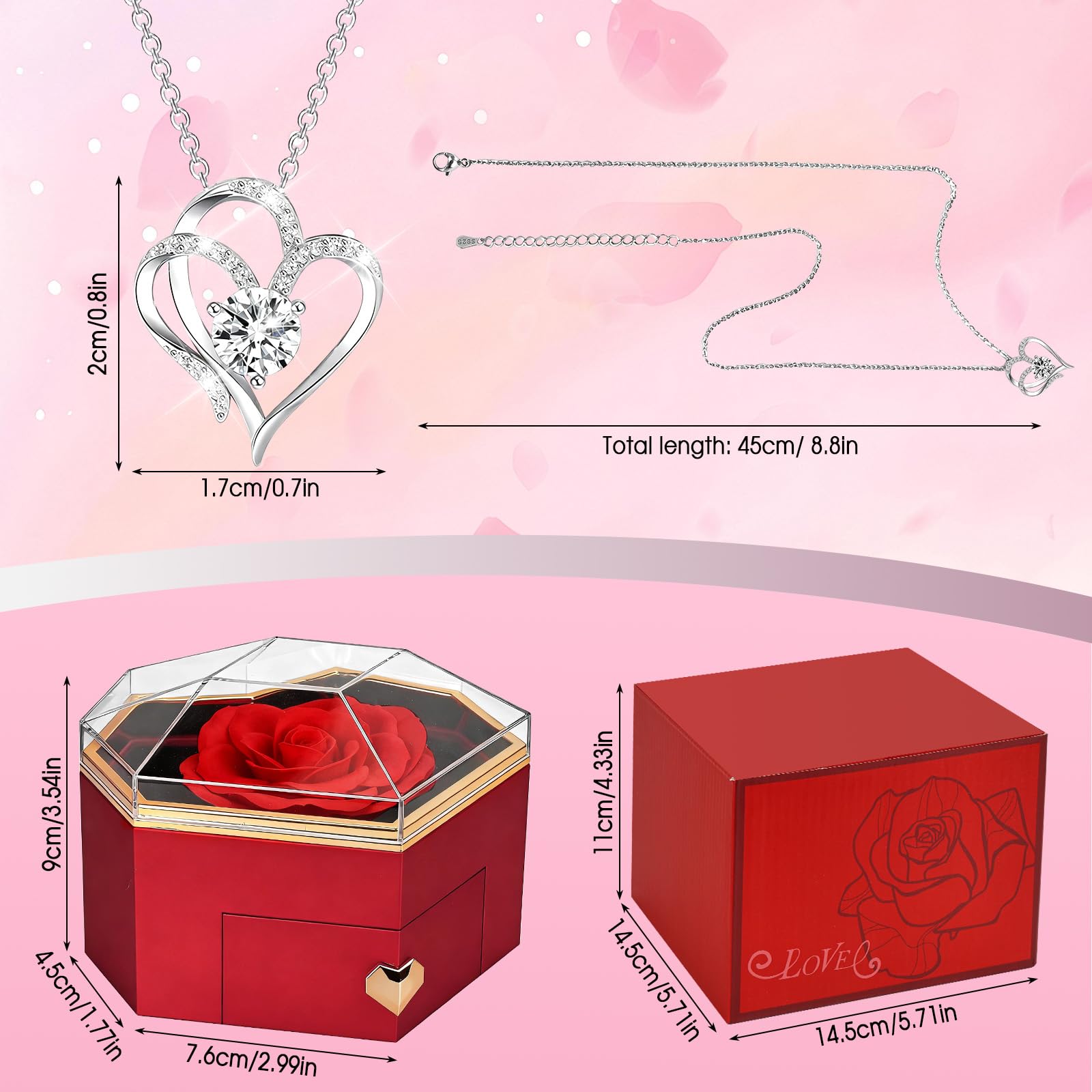 Rosa Eterna Stabilizzata Regalo Donna per Fidanzata Festa Della Mamma, Scatola Regalo a Forma di Cuore con Fiori Eterna e Collana, Regali San Valentino, Anniversario per Lei, Compleanno, Moglie -Rosso