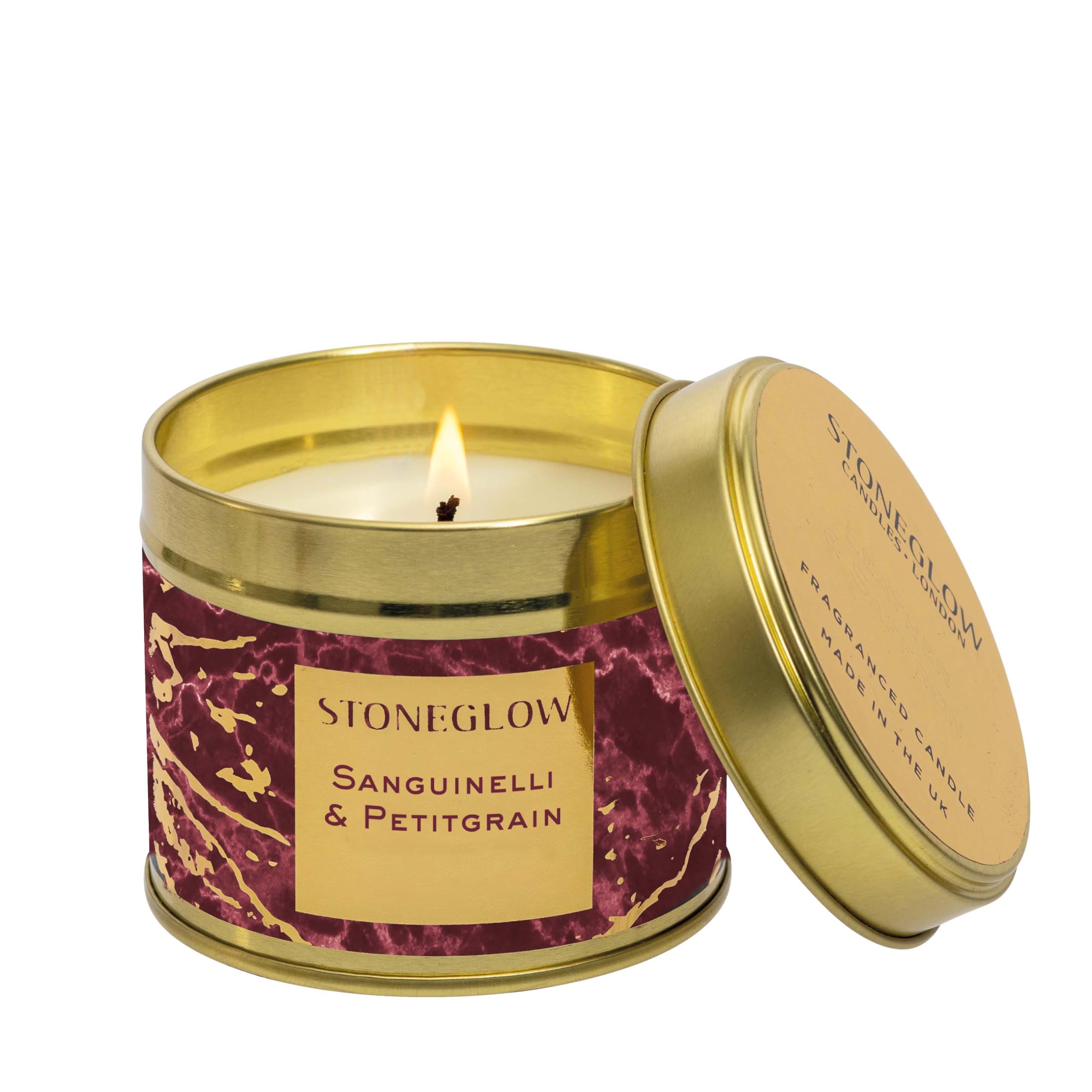 Stoneglow Luna Collection - Sanguinelli & Petitgrain Scented Candle Tin of Sanguinelli Orange, Zesty Citrus Blossom, Woody Patchouli, Aromatic Eucalyptus - Berry & Gold