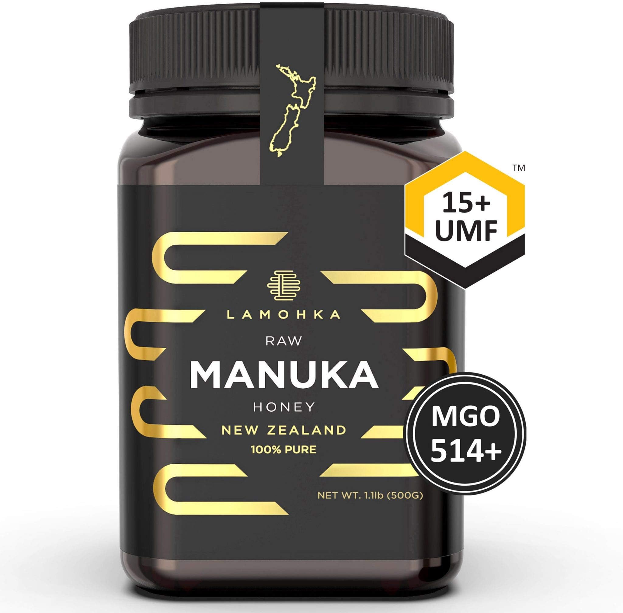 Lamohka Raw Manuka Honey from New Zealand, UMF 15+ (MGO 514+) Certified 17.6oz, for Skin, Food - Natural, Unpasteurized Honey from Nectar of Manuka Tree Flower - Traceable New Zealand Honey