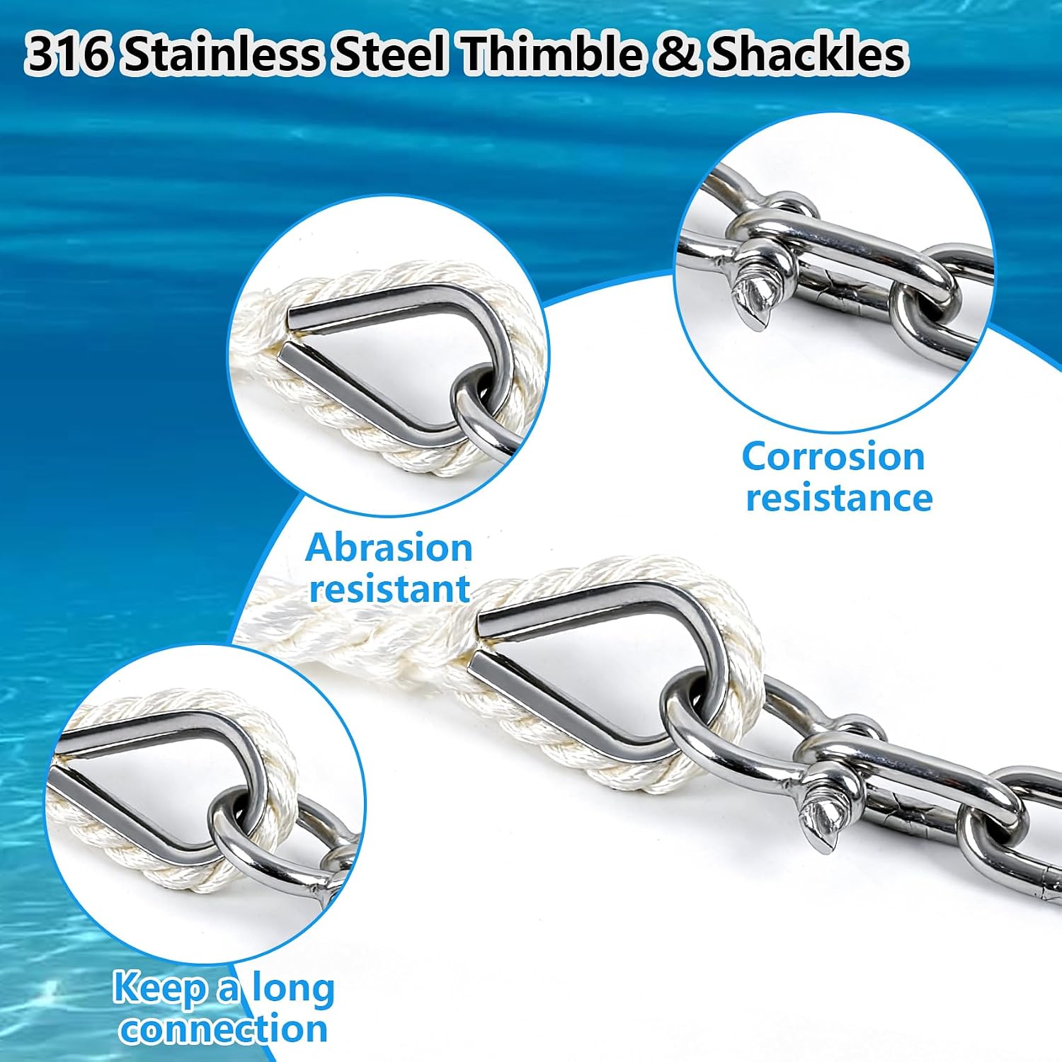 1/2" Anchor Rope 100 FT with 1/4" x 10 FT 316 Stainless Steel Chain, Anchor Line 3 Strand with Thimble & Shackle, Boat Anchor Rope Ideal for Towing Docking Mooring Boats Up to 35' (White)