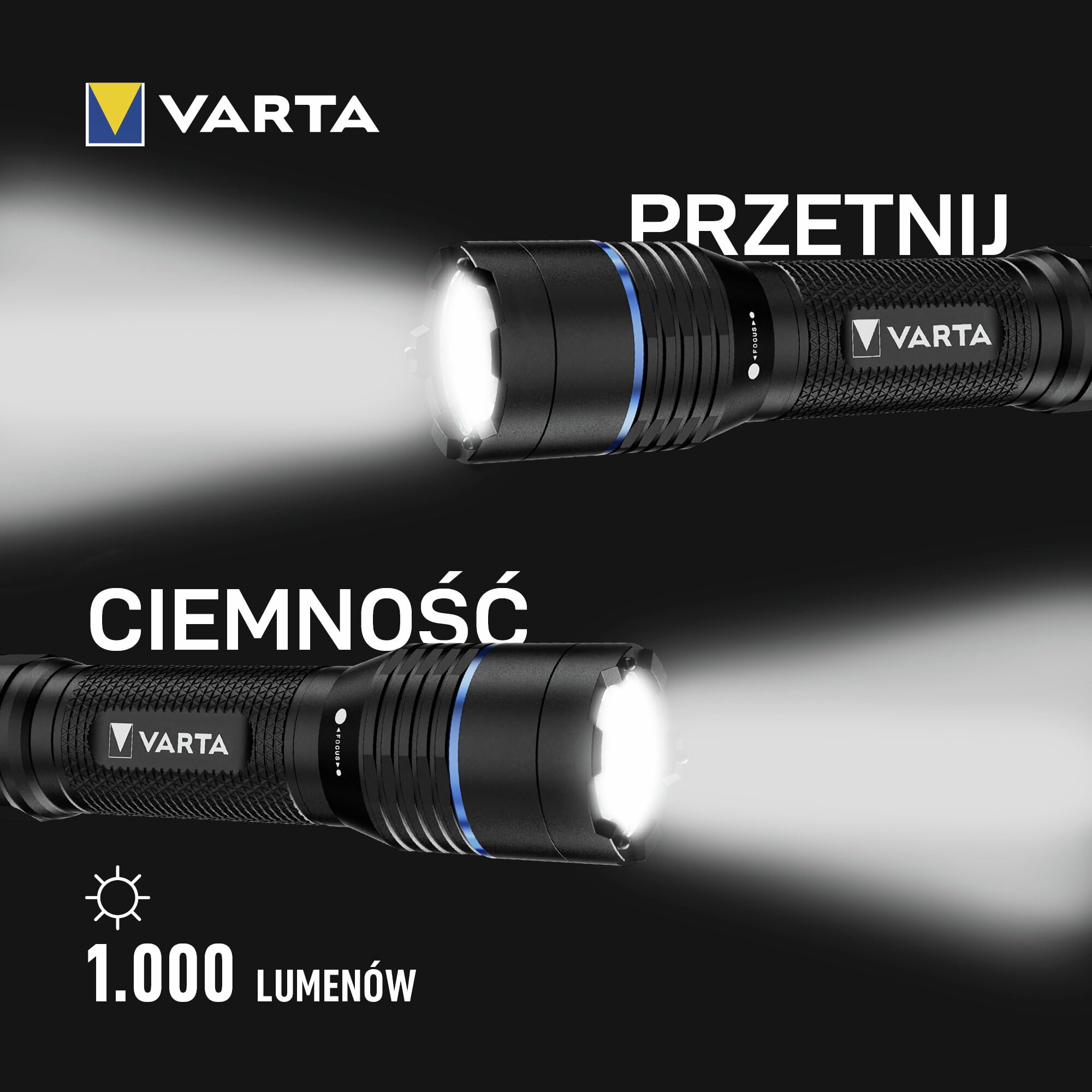 VARTA Latarka LED, Night Cutter Pro F20R tactical, 1000 lm, adowalna, IP67 wodoodporna, z regulacją ostrości, funkcja stłuczenia szkła, aluminiowa lotnicze, w tym kabura i smycz