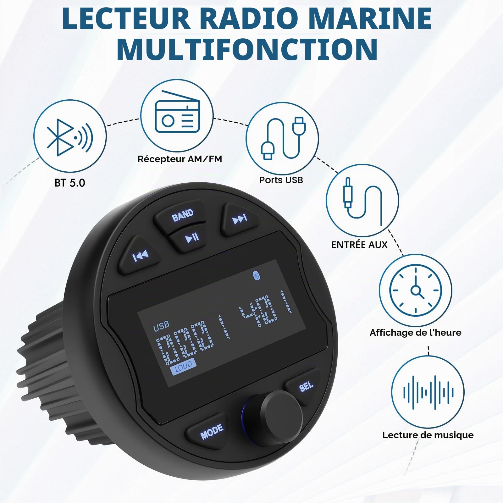 Radio Bateau Lecteur MP3 étanche Récepteur Stéréo Marine avec Radio AM/FM pour Yachts Bateaux de Plaisance, Caravana, Camión, SUV