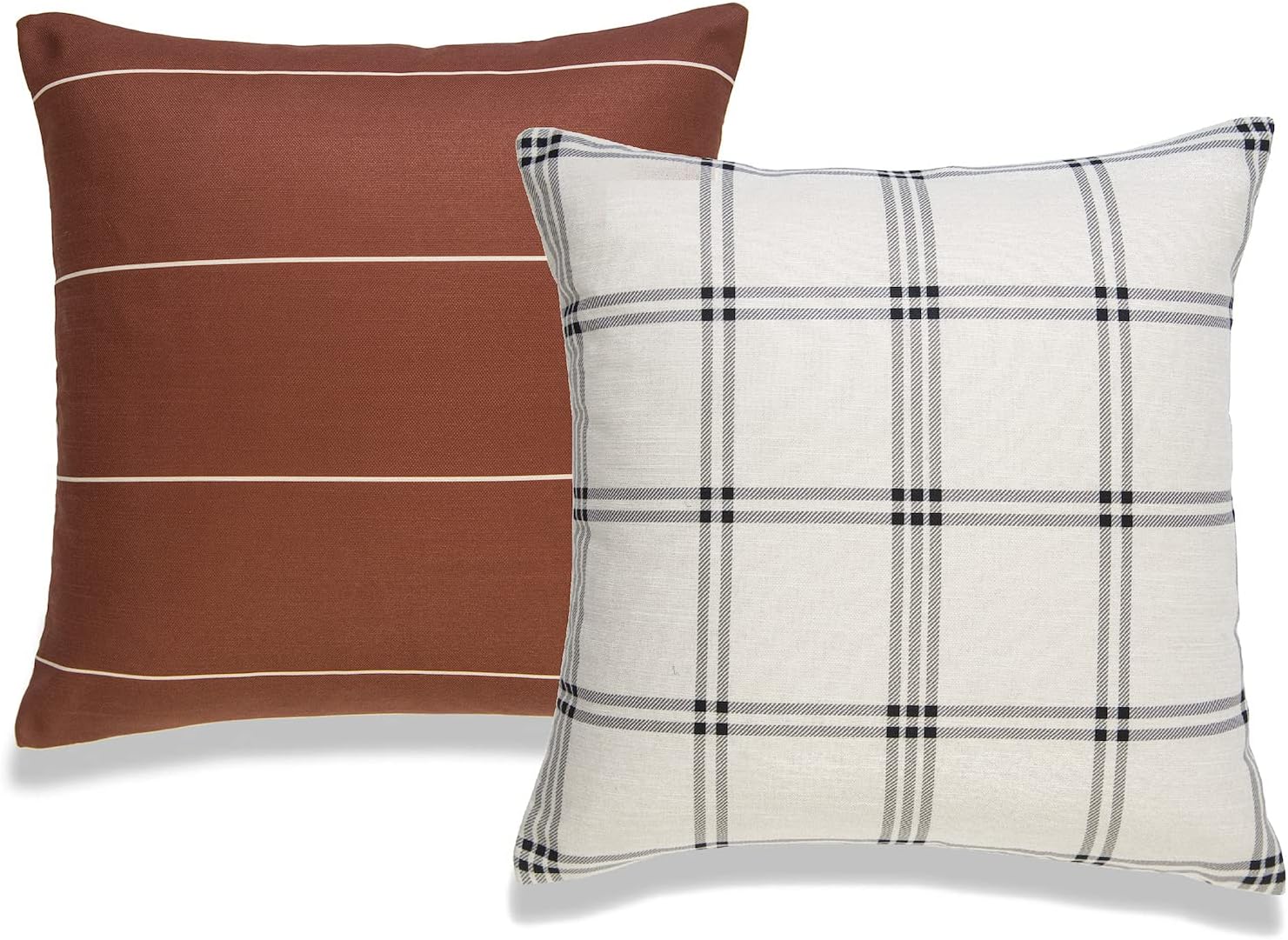 Hofdeco Modern Boho Decorative Throw Pillow Cover ONLY, for Couch, Sofa, Bed, Rust Stripes Plaid, 20"x20", Set of 2
