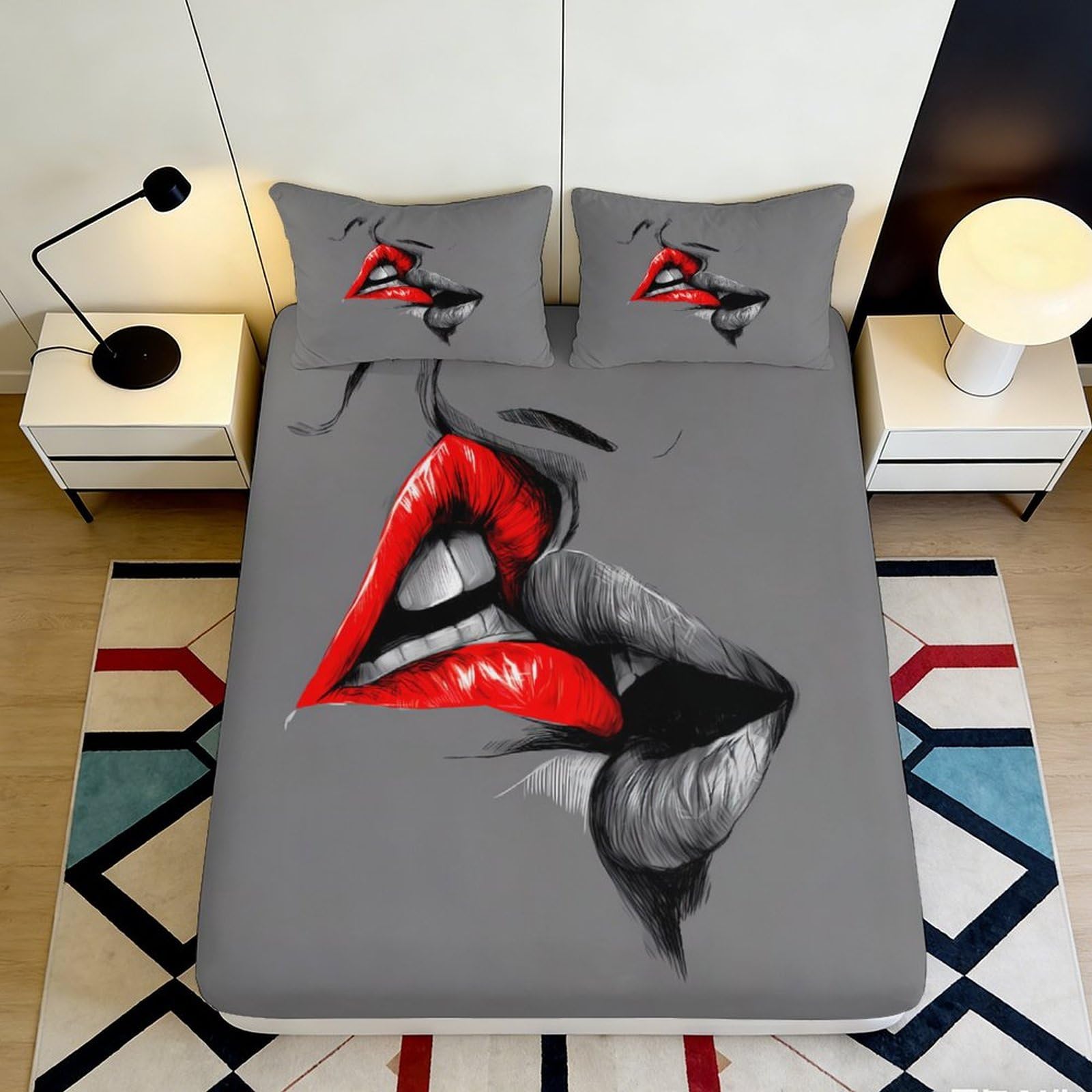 3D Printed Red Lips Fitted Sheet Microfiber Grey Artistic Face Bed Cover for Bedroom Dorm Decorative Protection 90x200x25cm