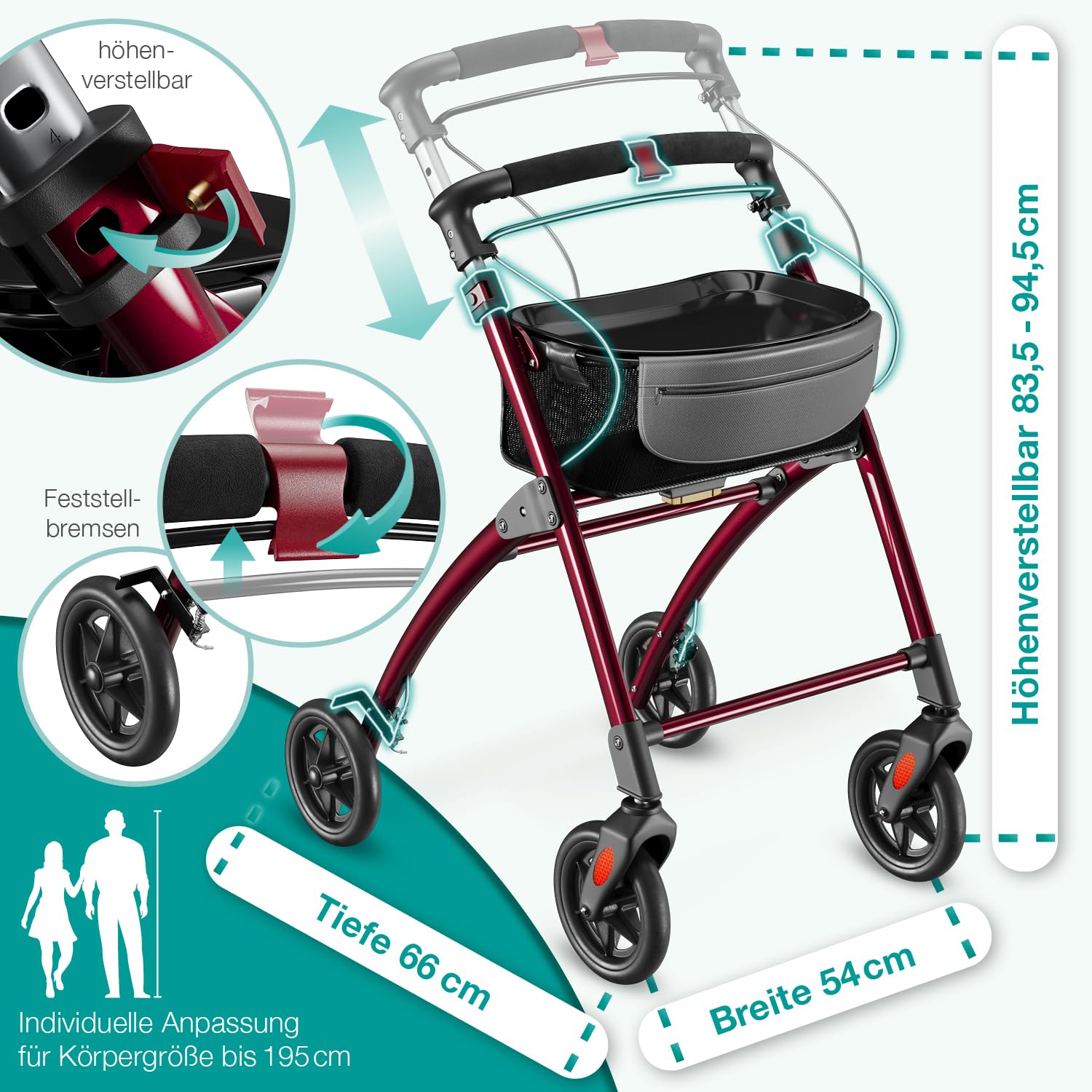 ELONEO Wohnungsrollator 54cm breit, faltbar und leicht, inkl. Tablett & Stoffkorb, Rollator schmal für die Wohnung, Indoor-Rollator, klappbar, Aluminium,Mobilität für Zuhause rot