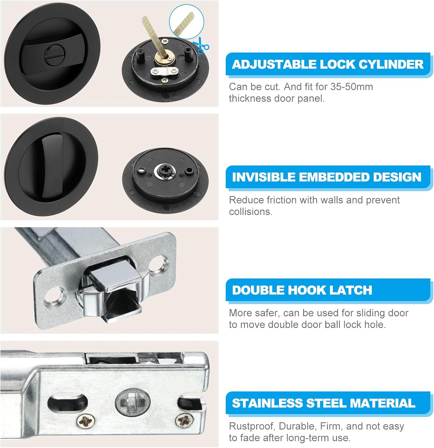 PATIKIL Round Recessed Door Lock, Pocket Door Lock Invisible 2 Sided Hardware Privacy Sliding Door Latch for Bathroom Bedroom Barn Door for 1-3/8" to 2" Thickness Door, Matte Black