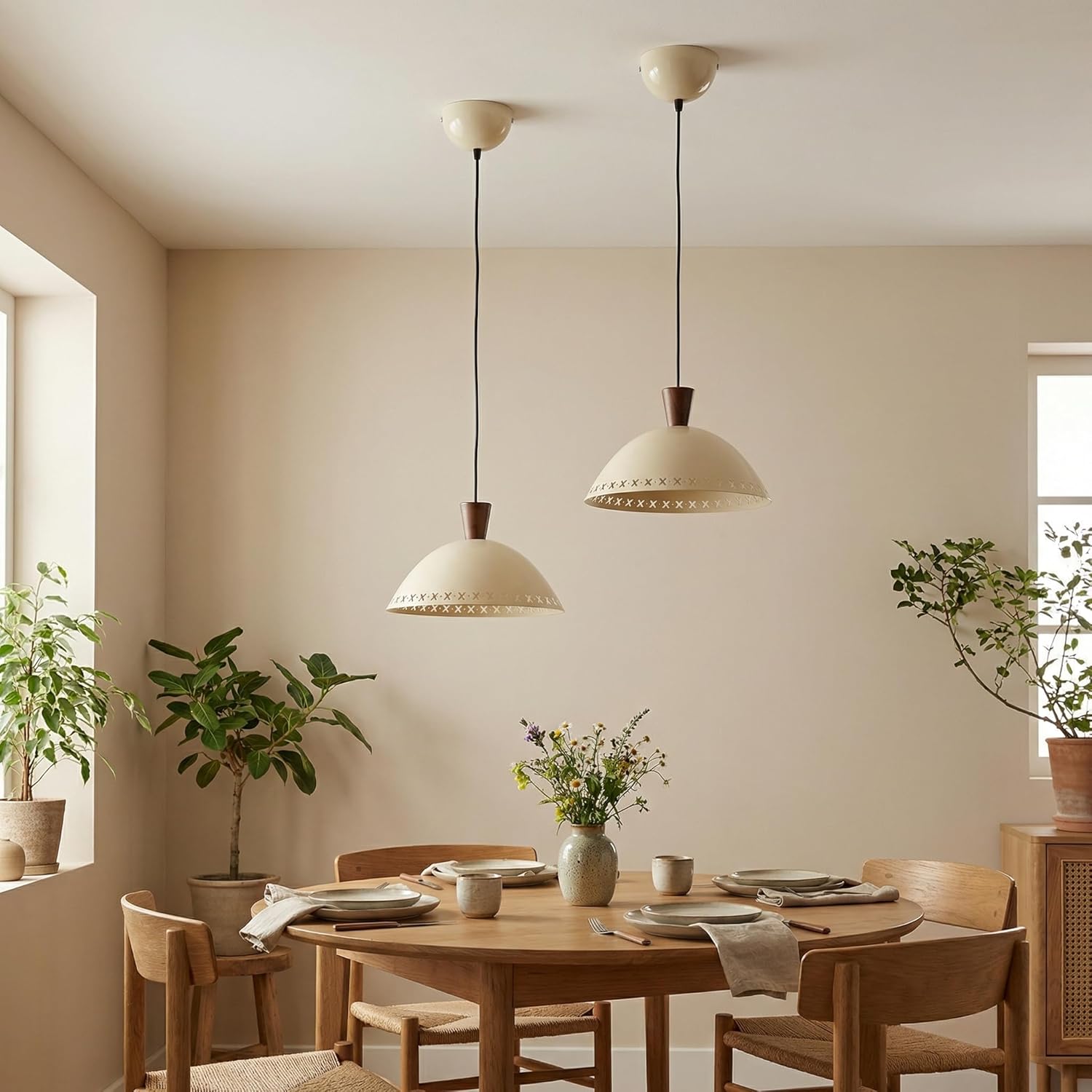 Pendant Lights Kitchen Island, Modern Cream Nordic Hanging Lights with Wood & Metal Shade, Adjustable Dining Room Light Fixture, Dimmable Ceiling Lighting for Bedroom 1-Pack