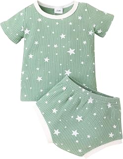 hahuha Girl Clothes 4t Moon T-Shirt Girls Infant Star Outfits Ribbed Printed Tops Sun Shorts Sleeve Baby Boys 3M-24M Short Girls Outfits&Set Cute Girl Infant Outfits