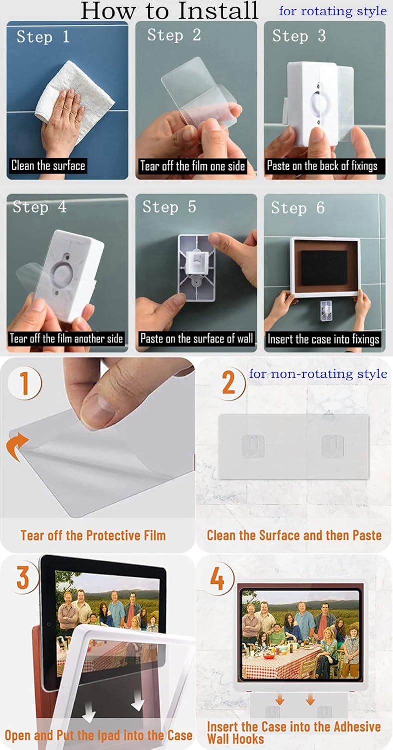 Shower Tablet Holder Waterproof Compatible with Ipad, Wall Mounted Bathroom Tablet Case Rotation,Adhesive Touchable Cradle with Glass Mirror Anti-Fog Screen for Kitchen 12.9 inches Luxury