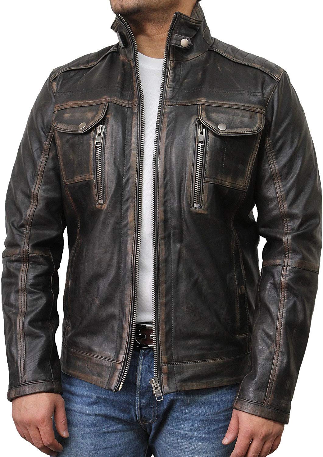 BRANDSLOCK Mens Distressed Genuine Leather Biker Jacket Vintage