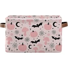 Happy Halloween Pink Storage Basket with Waterproof Liner and PU Handles Pumpkin Bat Moon Mushroom Storage Bins Boxes 14.2" Collapsible Decorative Organizer Baskets for Bedroom Closet Office 1 Pack