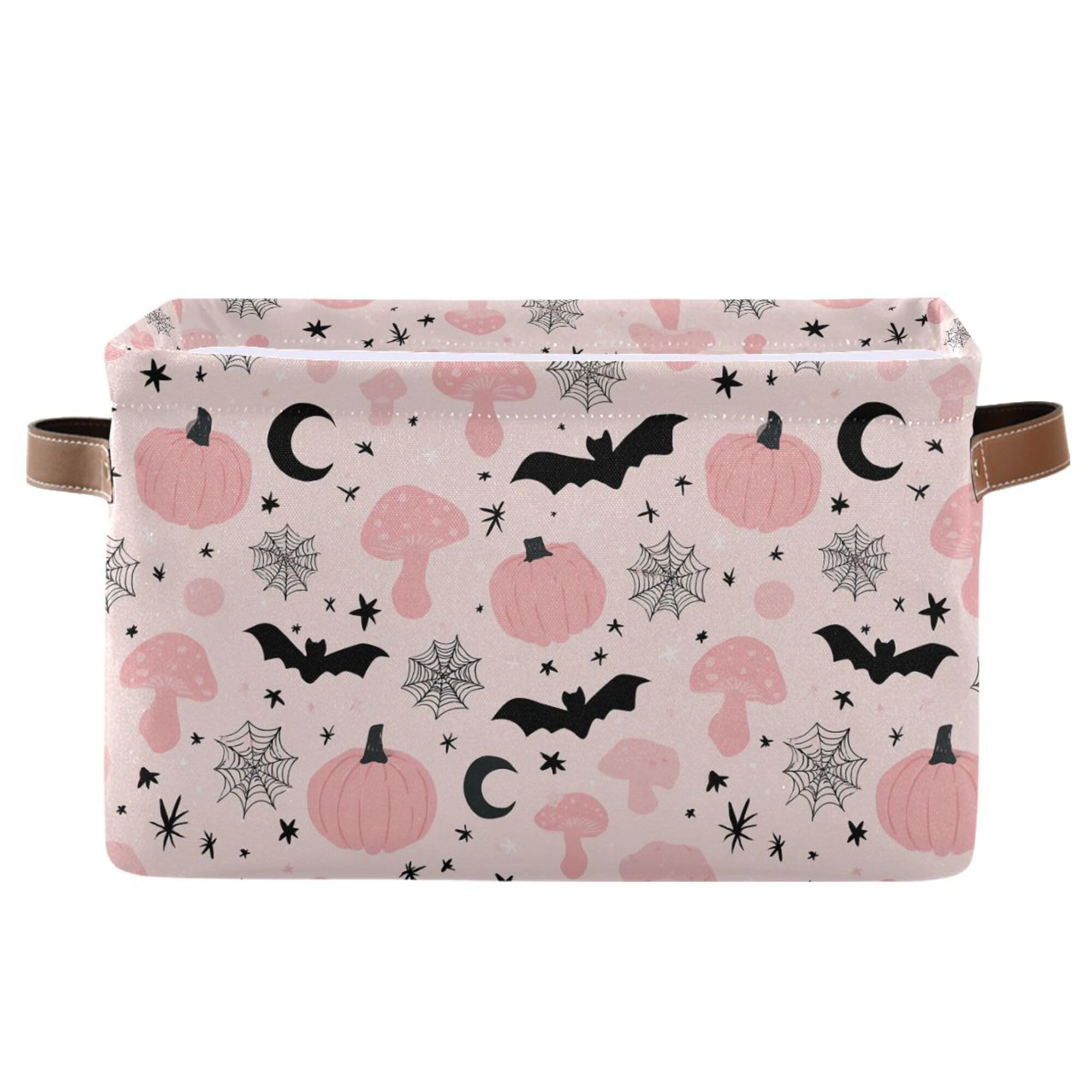 Happy Halloween Pink Storage Basket with Waterproof Liner and PU Handles Pumpkin Bat Moon Mushroom Storage Bins Boxes 14.2" Collapsible Decorative Organizer Baskets for Bedroom Closet Office 1 Pack