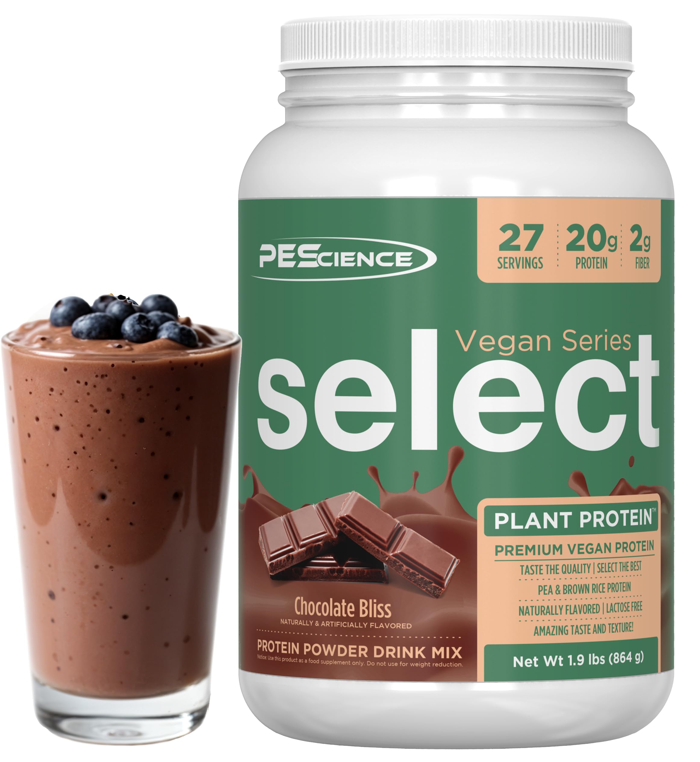 PEScience Select Vegan Protein Powder, Plant Based Protein Powder, Amazing Taste, Smooth Texture, Pea and Brown Rice Blend, Dairy Free, Lactose Free, Gluten Free - Chocolate Bliss, 27 Servings