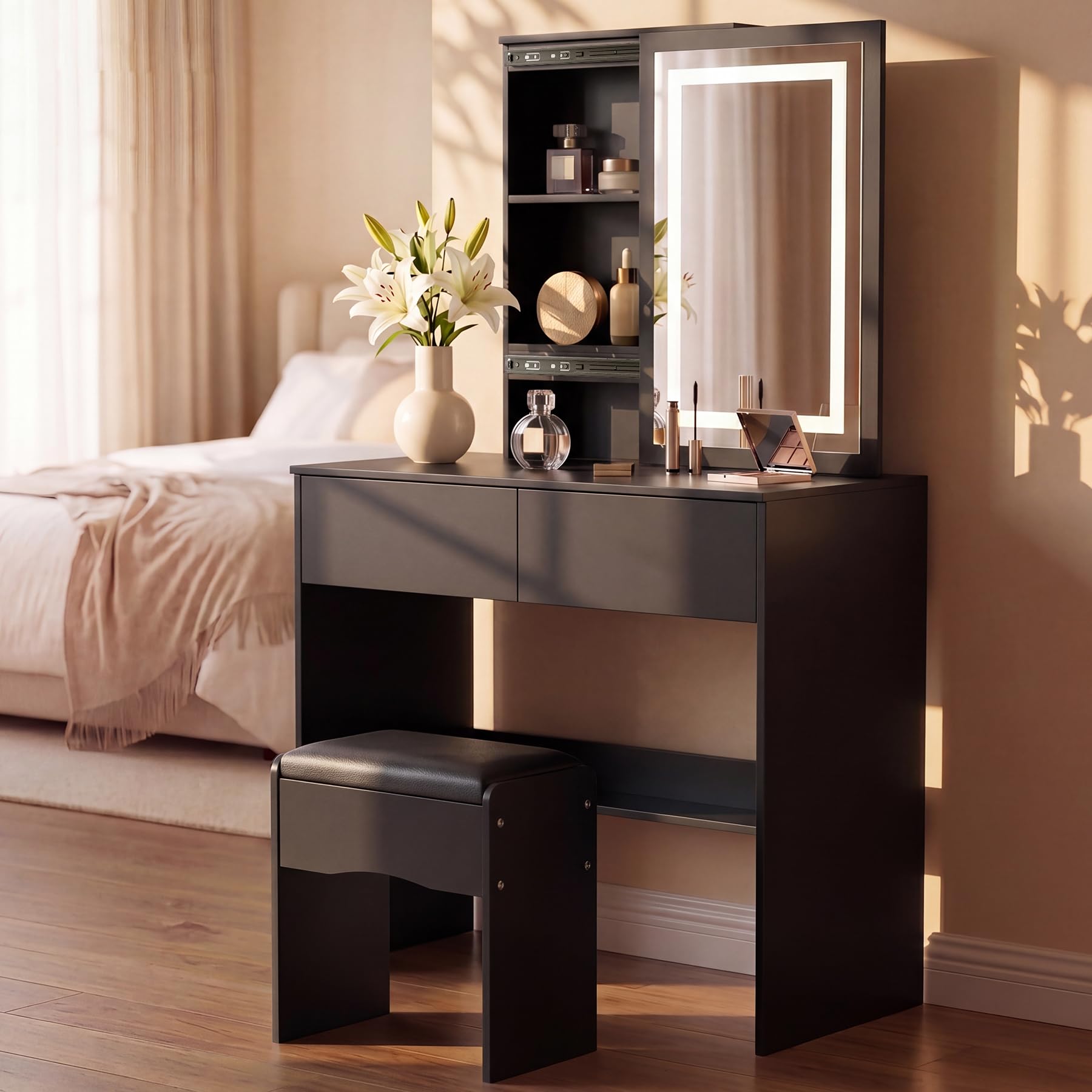 VWYUK Dressing Table with LED Lighting Mirror, 3 Lighting Modes Adjustable Brightness,Vanity Table,Makeup Desk with 2 Drawers, Modern Black Dressing Table