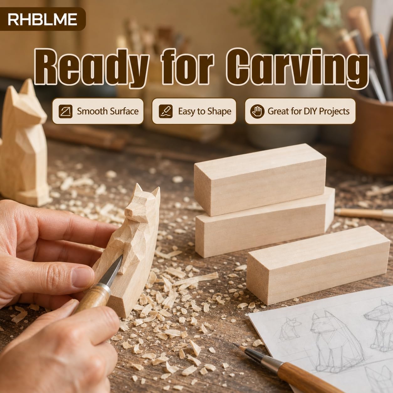 Basswood Carving Blocks - 40 Unfinished Wood Cubes -5