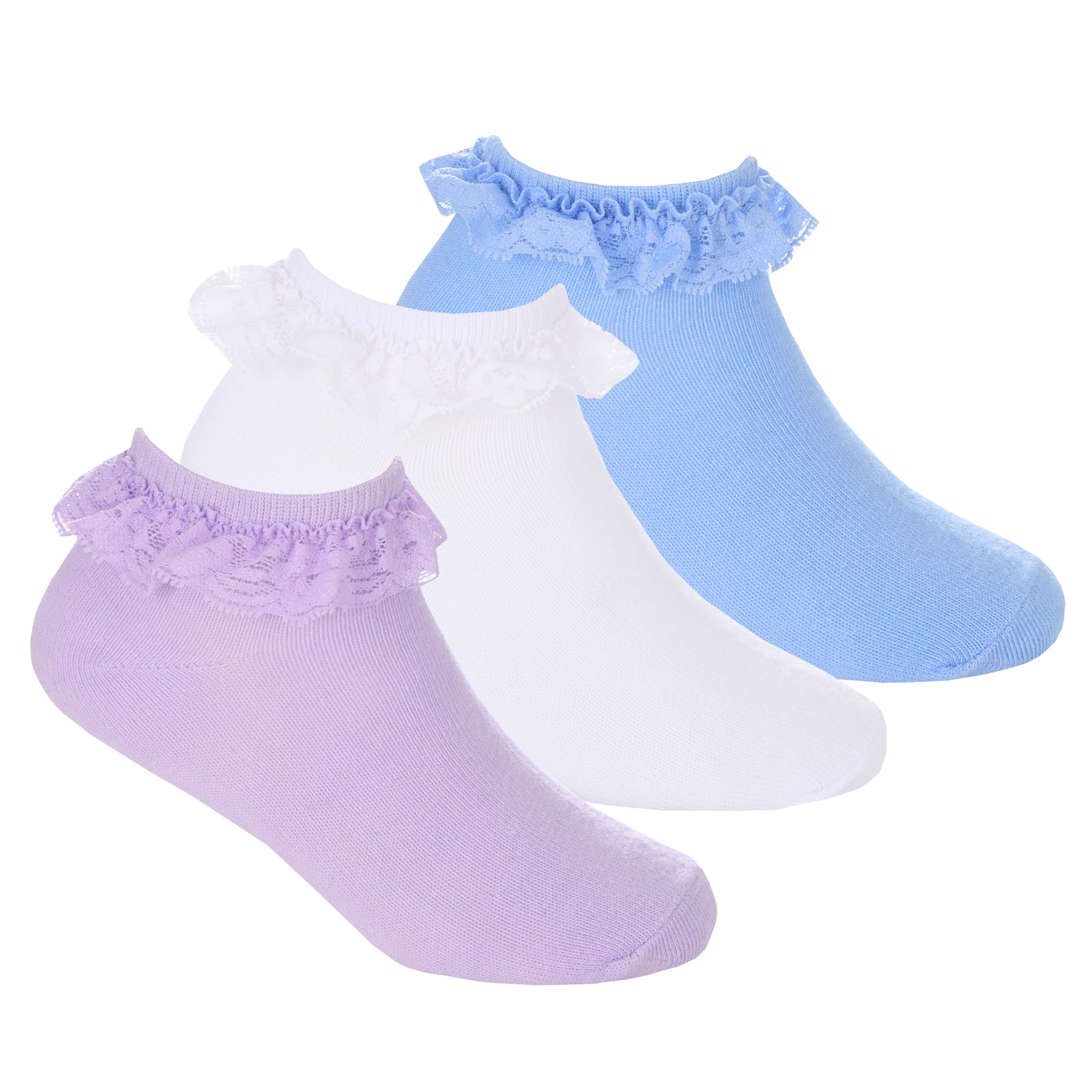 Metzuyan WS-SS25 Kids Girls 3 Pairs Pastel Lace Trainer Liner Socks Cotton Rich Ruffle Frill Trim Low Cut School Socks Purple 12.5-3.5