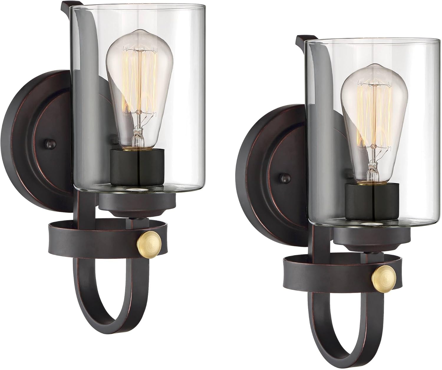 Franklin Iron Works Eagleton Farmhouse Rustic Wall Light Sconces Set of 2 Oil Rubbed Bronze and Gold Hardwire 5 1/2" LED Fixture Clear Glass Shades for Bedroom Bathroom Vanity Reading Living Room