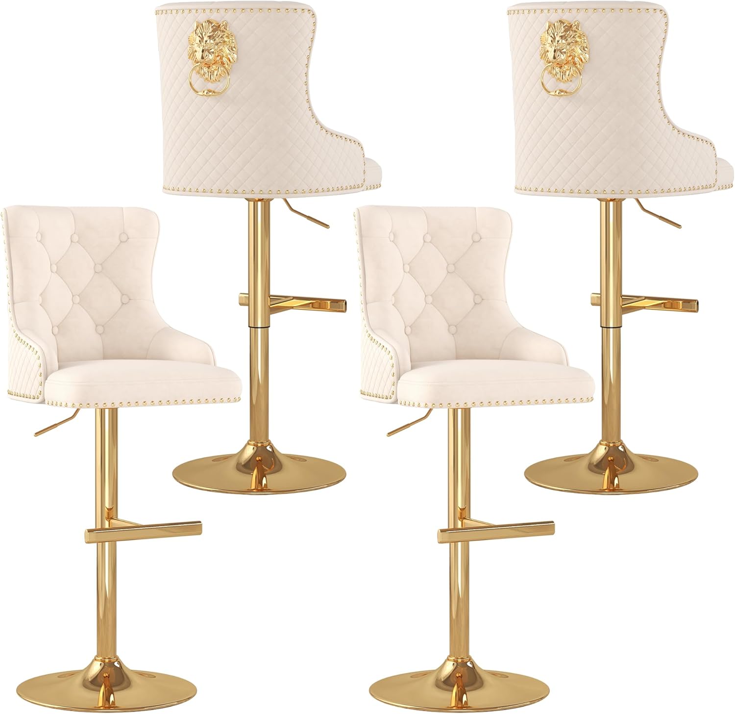 ABET Bar Stools Set of 4, Counter Height Stools with T Footrest, Velvet Adjustable Swivel Kitchen Island Chair with Upholstered Tufted Back, Lion Head Ring Nailhead Trim, Chrome Base, Beige
