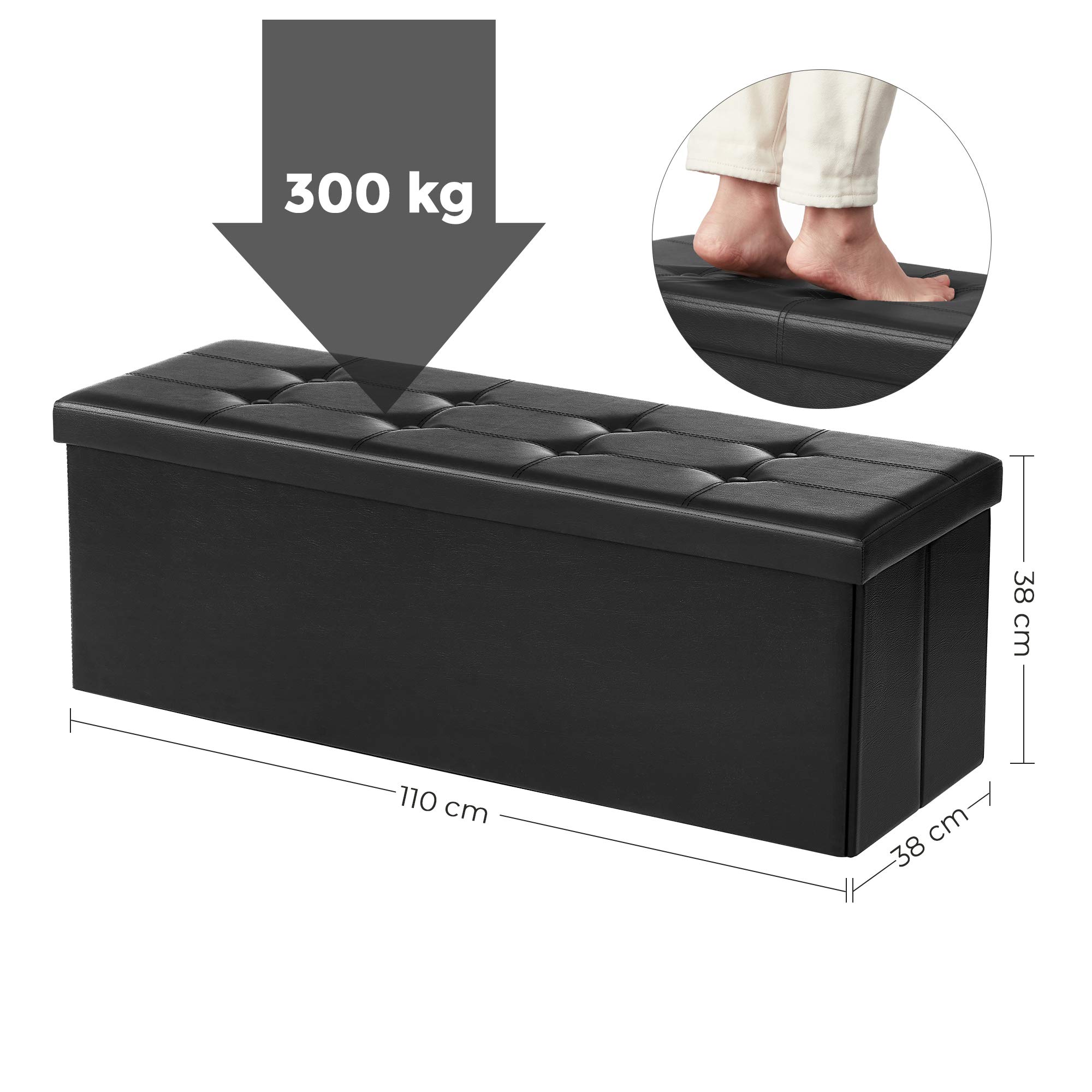 SONGMICS Cassapanca Contenitore 120L, Pouf Contenitore, Panca Poggiapiedi Pieghevole, Capacità di Carico di 300 kg, Seduta Imbottita, Nero LSF701