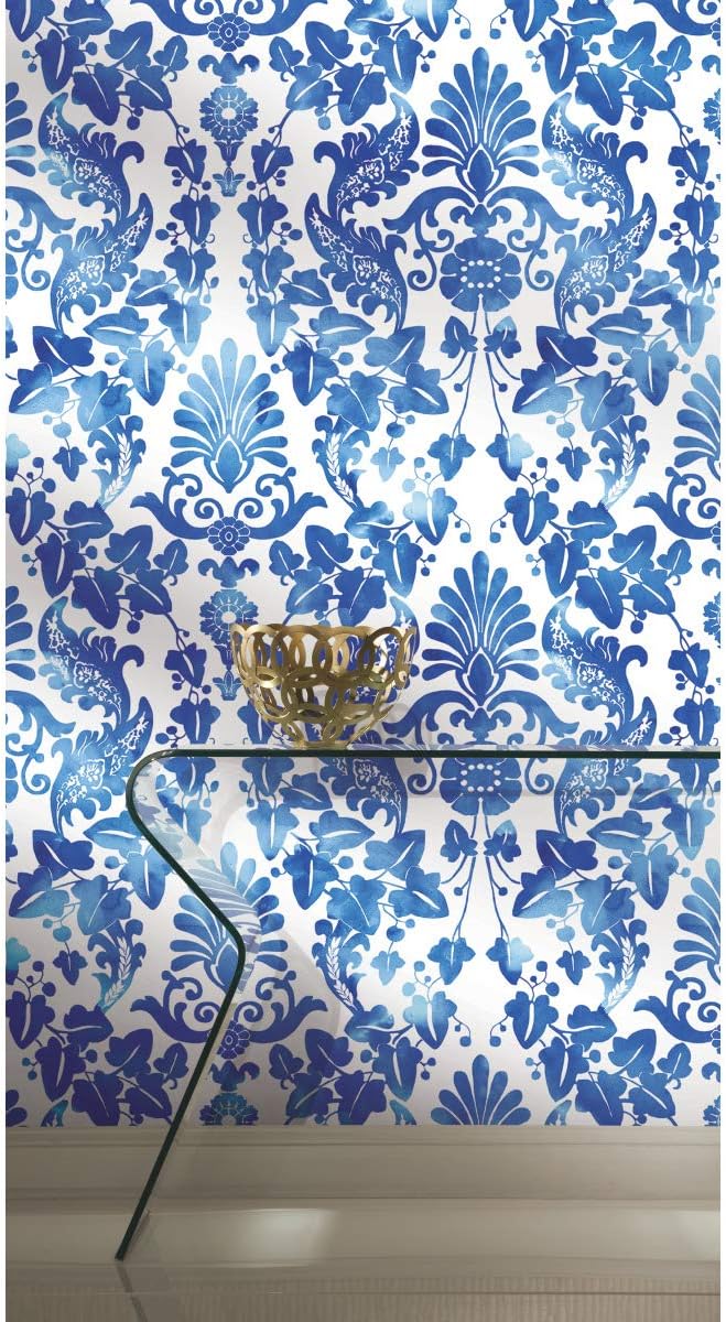 RoomMates RMK11597RL Blue Vine Damask Peel and Stick Wallpaper