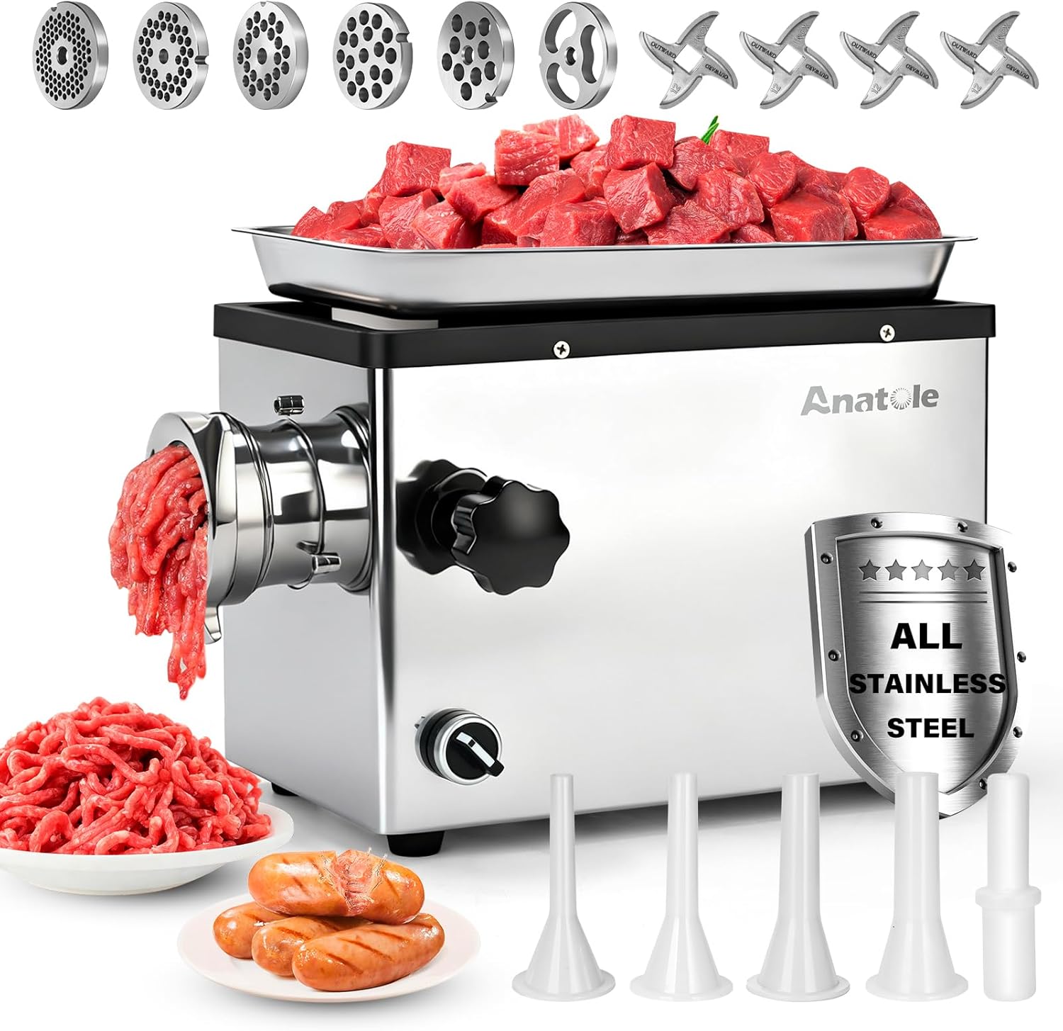 Anatole Commercial Electric Meat Grinder 1.8 HP 1300 W All Stainless Steel Meat Bones Mincer Heavy Duty Sausage Stuffer with 6 Grinding Plates 4 Blades for Restaurant Hotel 110V