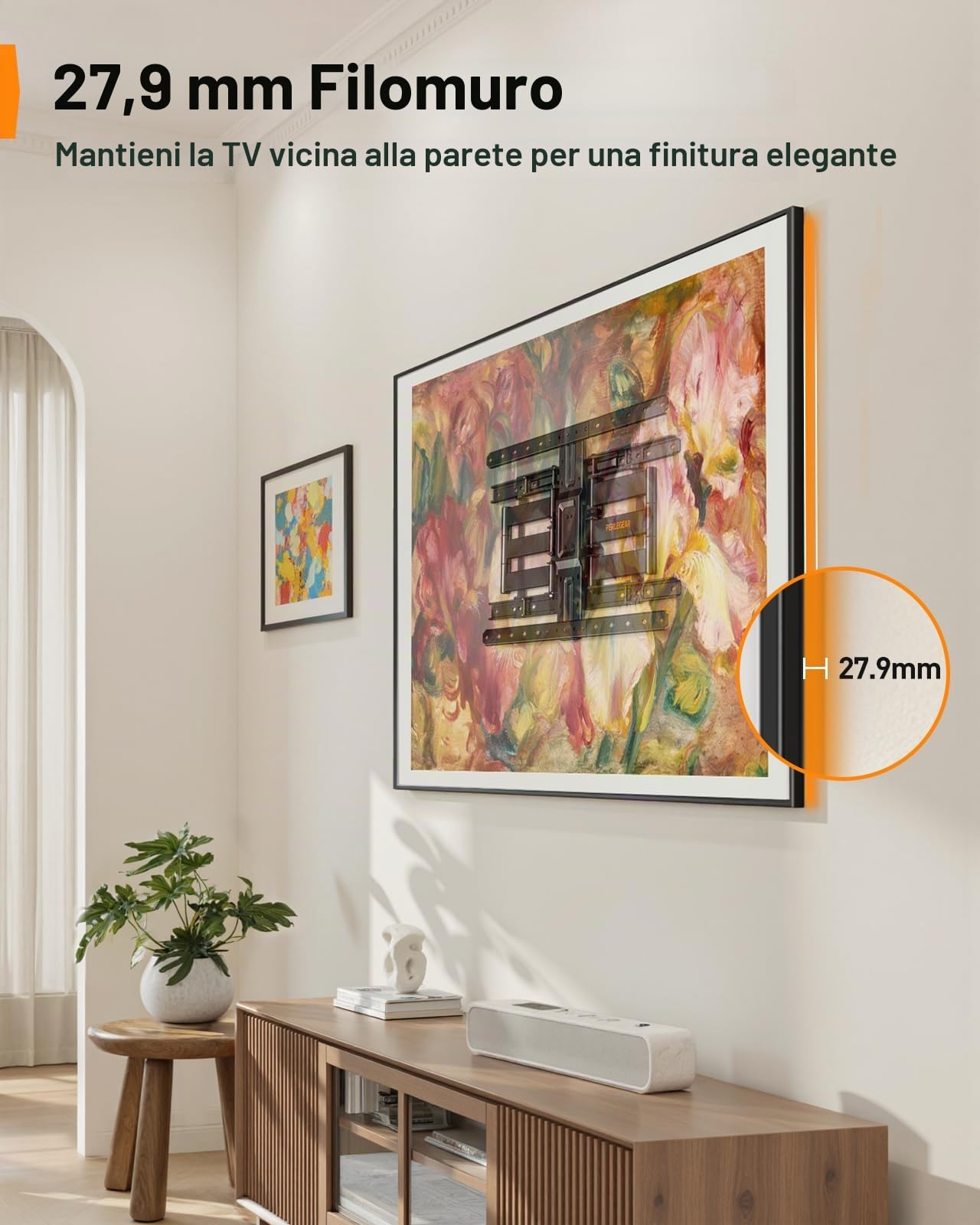 Perlegear Ultra Compatto Supporto TV Parete, Profilo Sottile da 27,9mm TV 42” - 90”, Staffa TV a Movimento Doppio Braccio Articolato, Rotazione, Inclinazione, VESA max 600x400mm, Porta 60kg