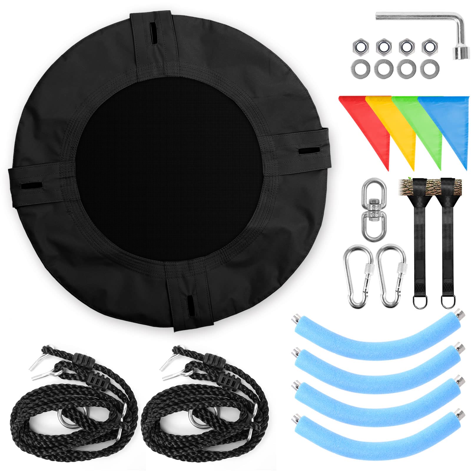 Odoland 24 inch Children Tree Swing, Outdoor Small Saucer Swings Platform for Kid, Round Flying wirh Adjustable Hanging Ropes for Backyard, 220lb Weight Capacity Great for 1-2 Kids (Black)