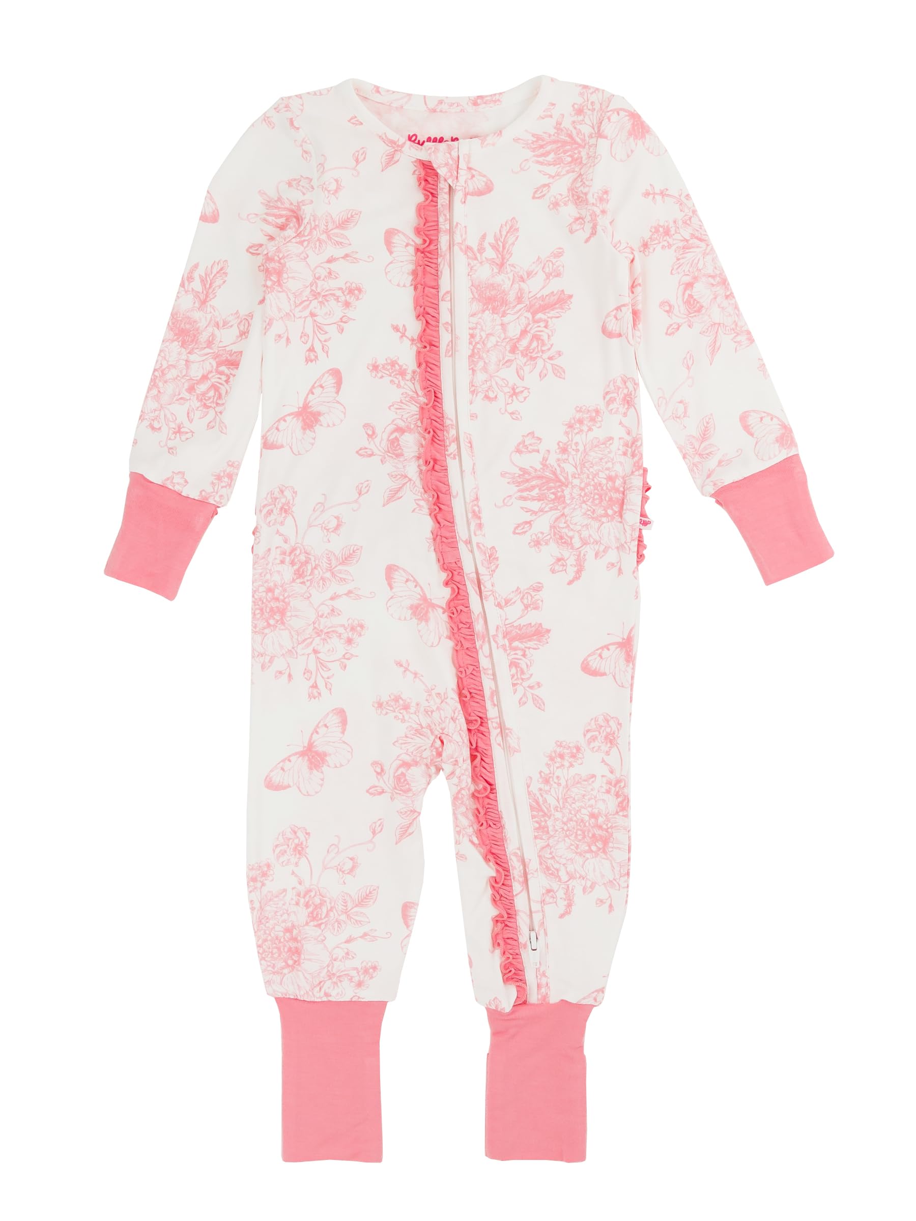 RuffleButts Pink Butterfly Garden Toile Ruffle One Piece Convertible Pajamas - Newborn