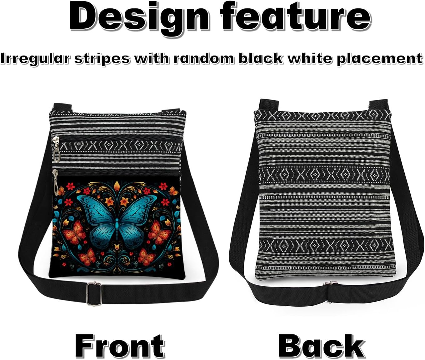 Butterfly Adjustable Shoulder Strap Crossbody Bag Blue Butterfly Print and Colorful Floral Design with Small Orange Butterflies Messenger Bag Birthday Gift for Women Men Adults - Image 7