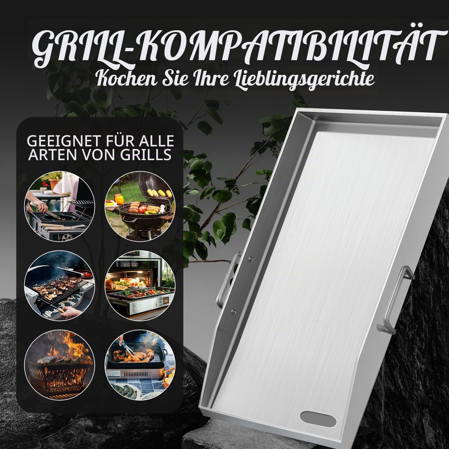 devesanter Grillplatte 40x30cm aus Edelstahl mit Grillspachtel Set | Robuste 304 Edelstahlplatte mit Ölablaufrille. Ideal für Feuerstelle, Grill, Ofen und Herd, inklusive praktischem Zubehör.